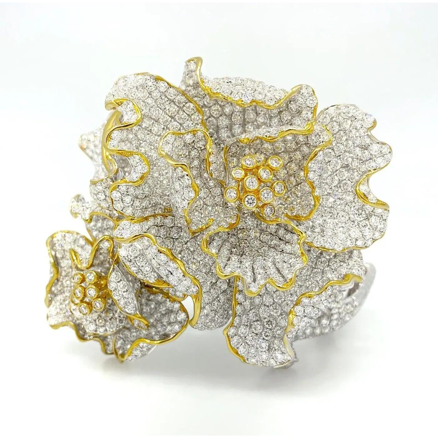 47.80 Carats Diamond Flower Bangle Bracelet in 18k White & Yellow Gold