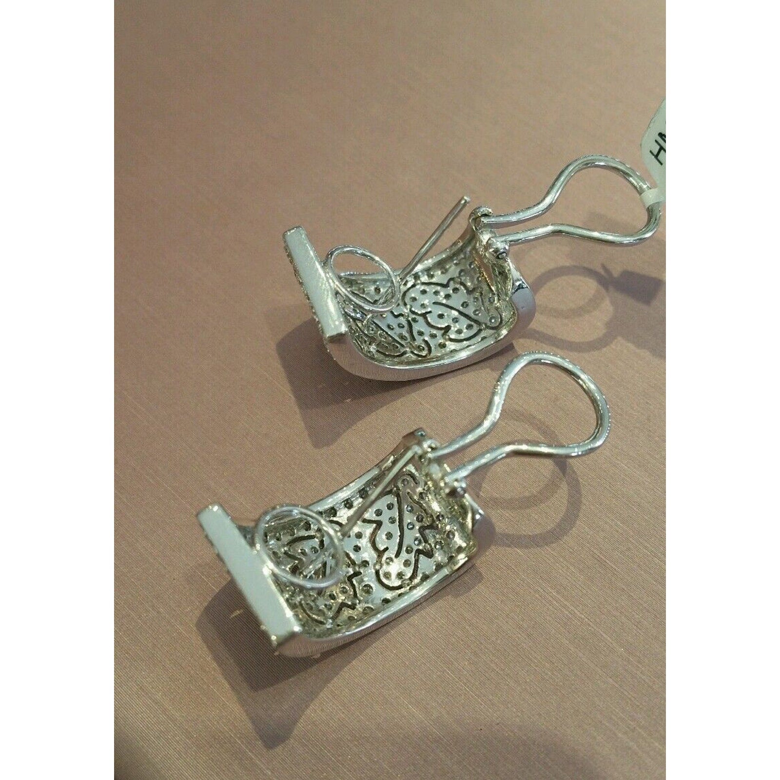 Wide Diamond Hoop Earrings Leaf Design in 18k White Gold