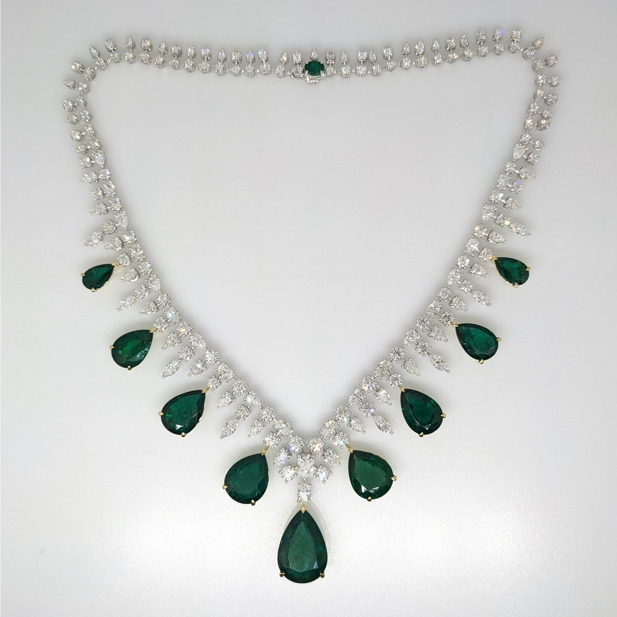 AGL Emerald & Diamond Fringe Bib Statement Necklace in 18k White Gold