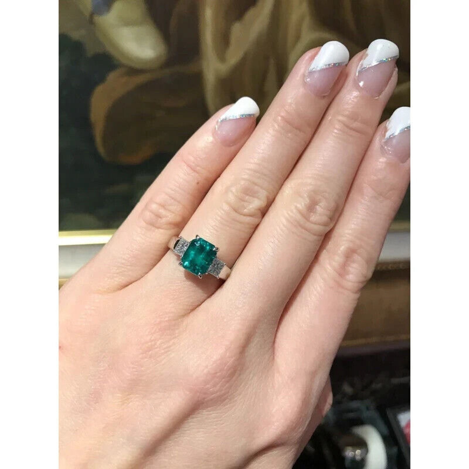 GIA Colombian Emerald and Diamond Three Stone Ring in Platinum