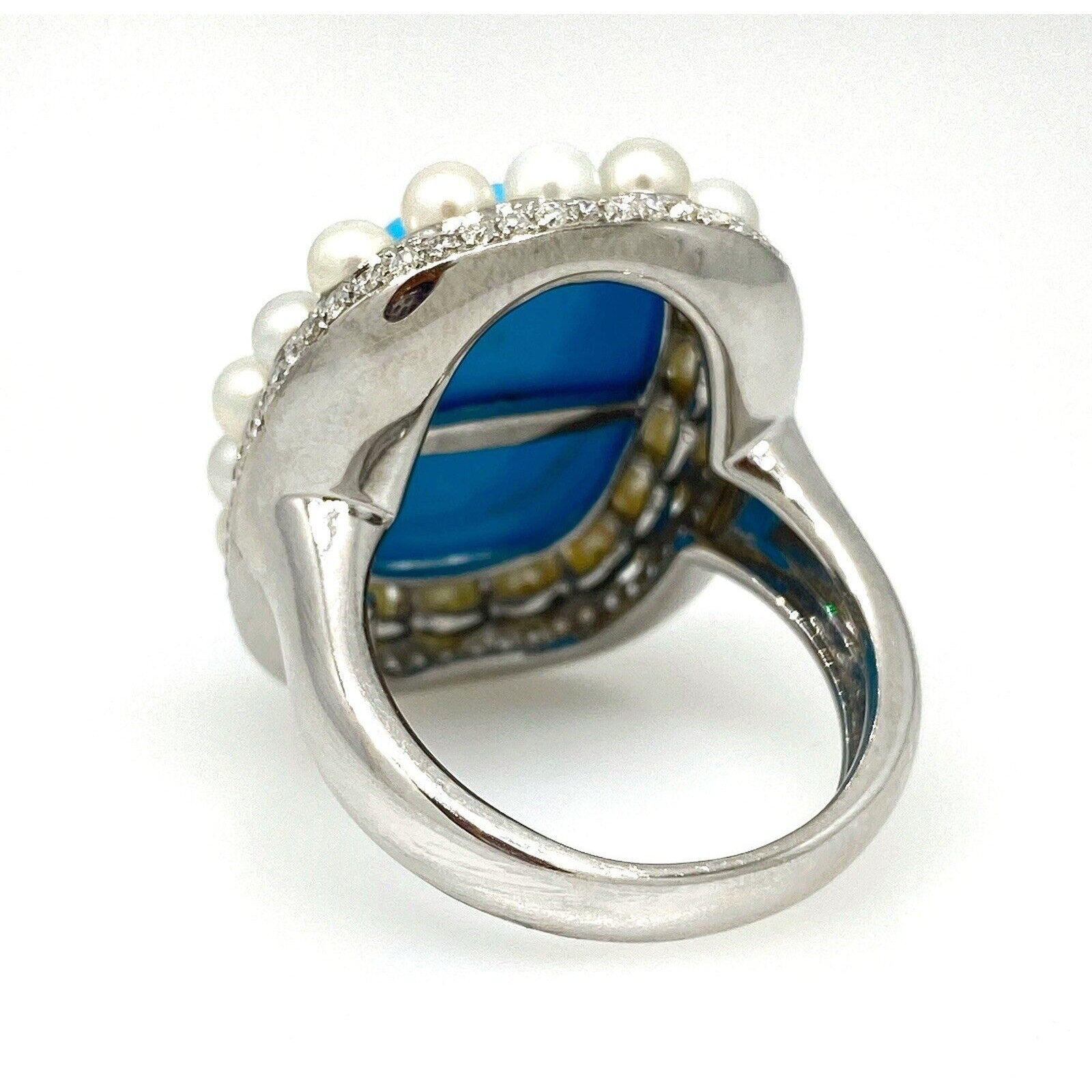 Turquoise, Pearl and Diamond Cocktail Ring in 18k White Gold