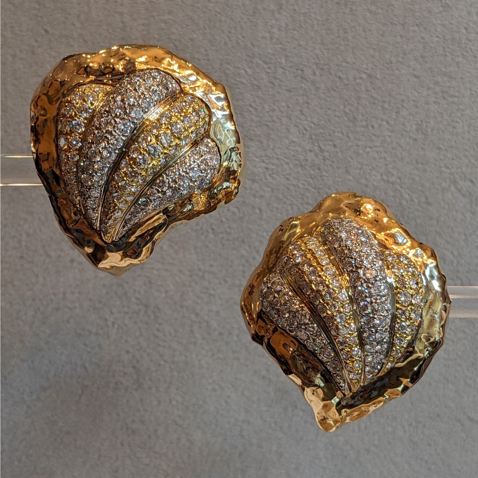 Diamond Pave Seashell Earrings 4.25 ctw in 14k Yellow & White Gold