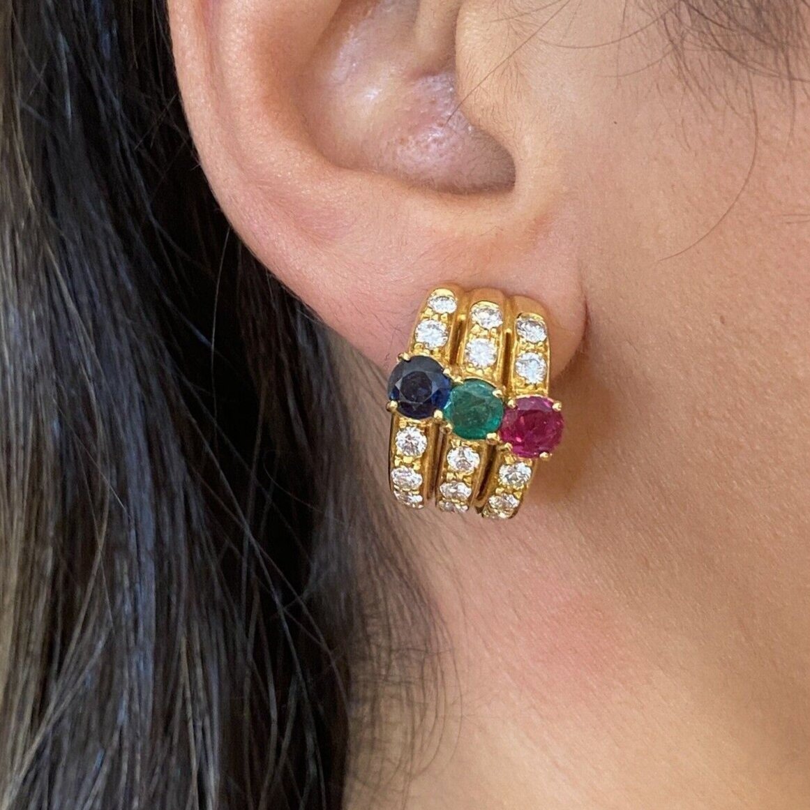 Diamond, Ruby, Emerald, Sapphire Half Hoop Earrings in 18k Yellow Gold