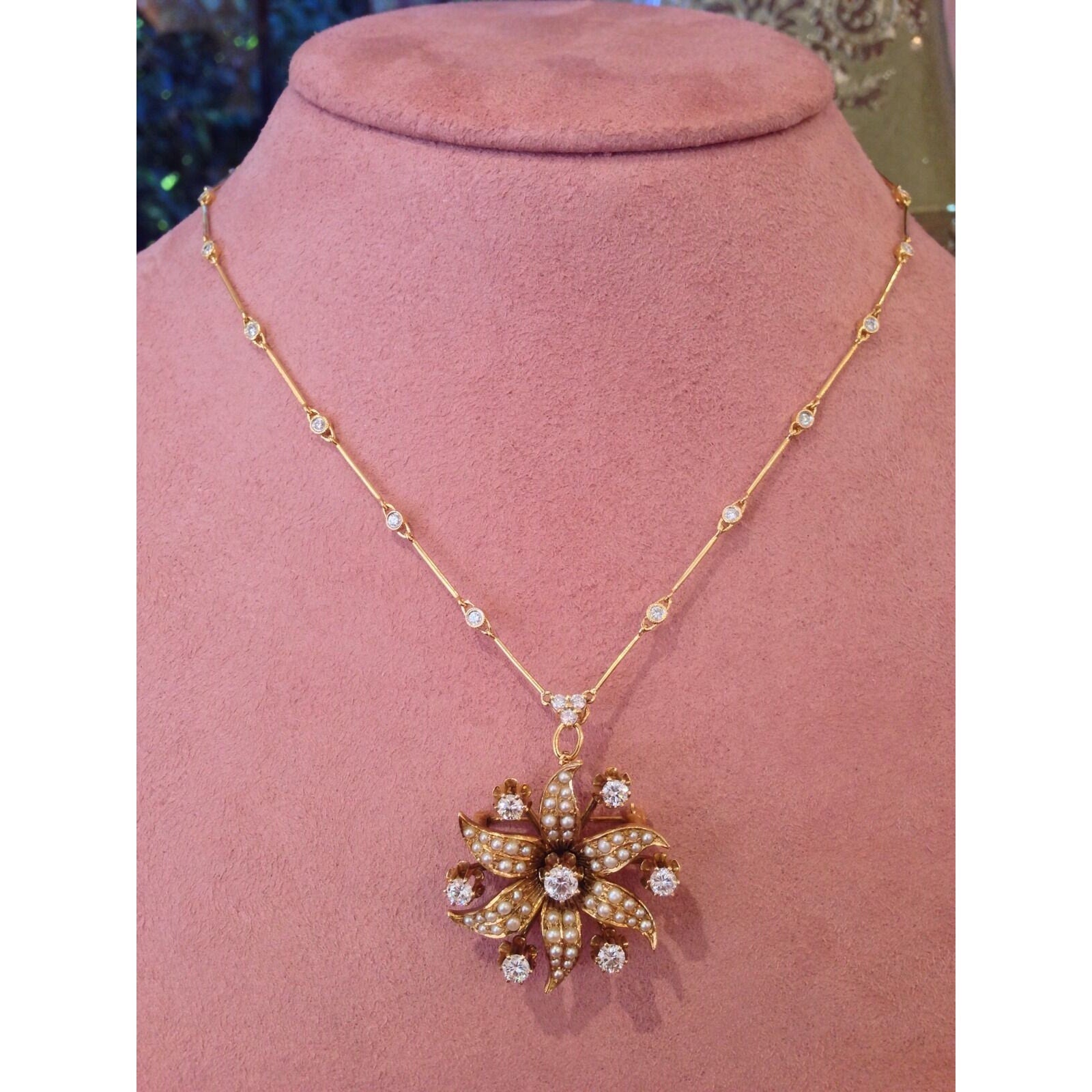 Pearl and Diamond Flower Pin/ Pendant Necklace in14k/18k Yellow Gold