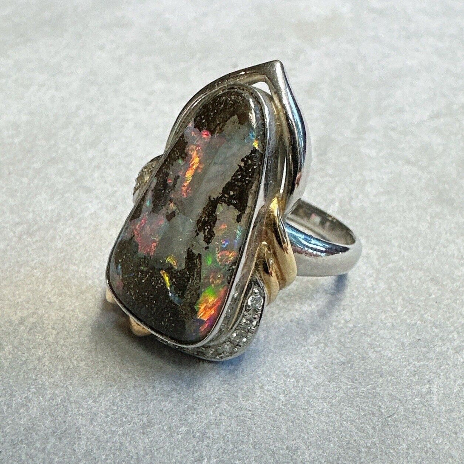 Boulder Opal and Diamond Ring in 18k Yellow Gold and Platinum