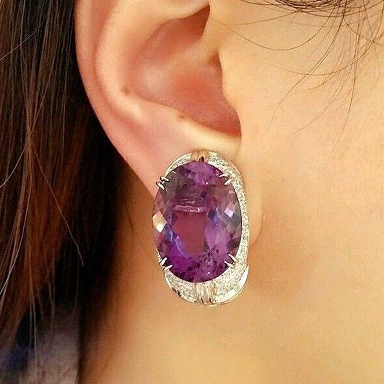 37.26 carat Oval Amethyst and Pave Diamond Earrings in 18K White Gold