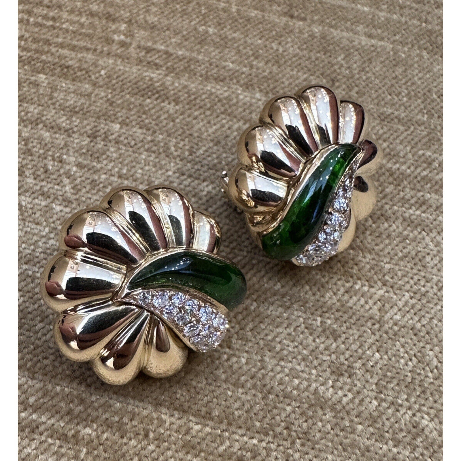 Green Enamel & Diamond Scallop Earrings in 18k Yellow Gold