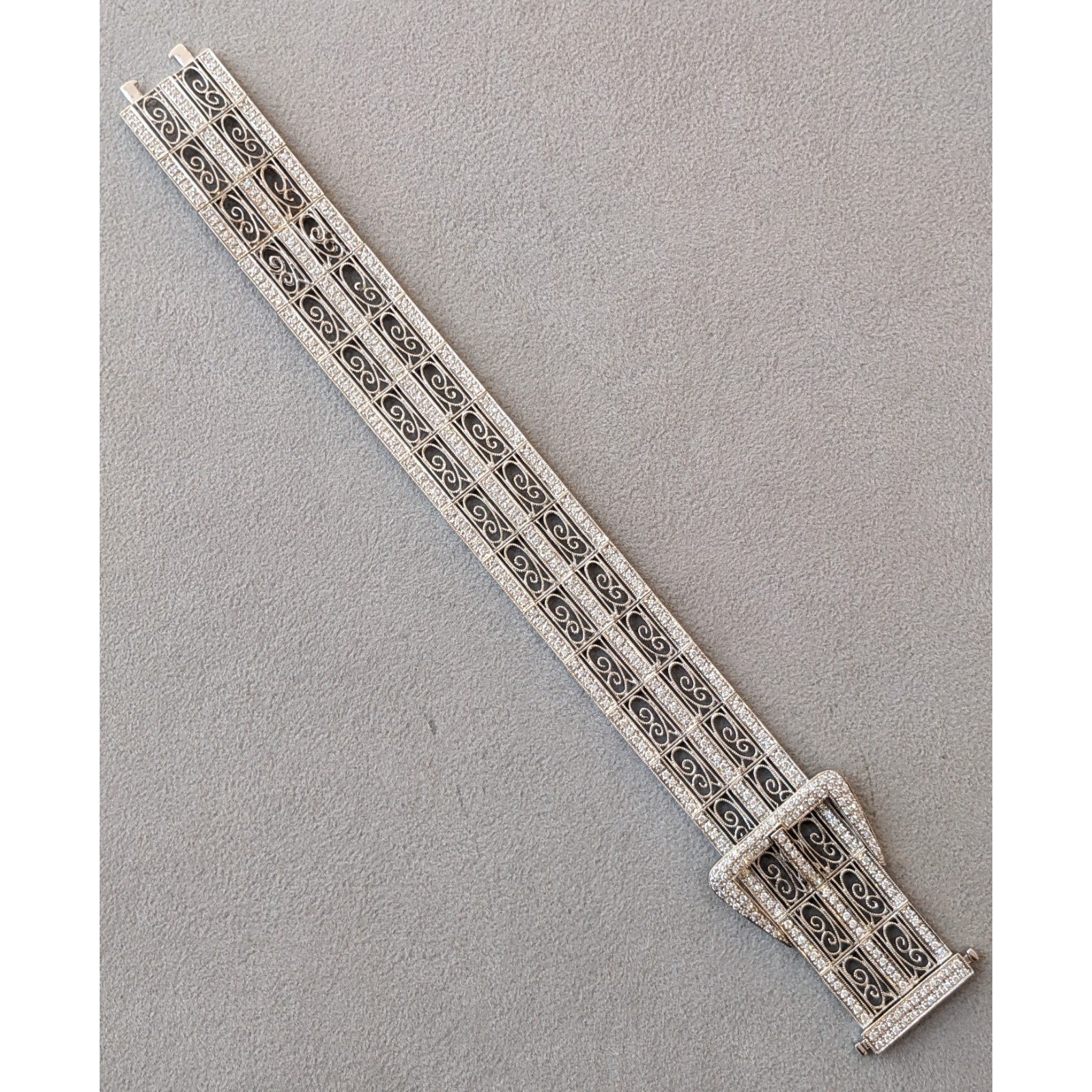 Wide Vintage Diamond Buckle Bracelet in 18k White Gold