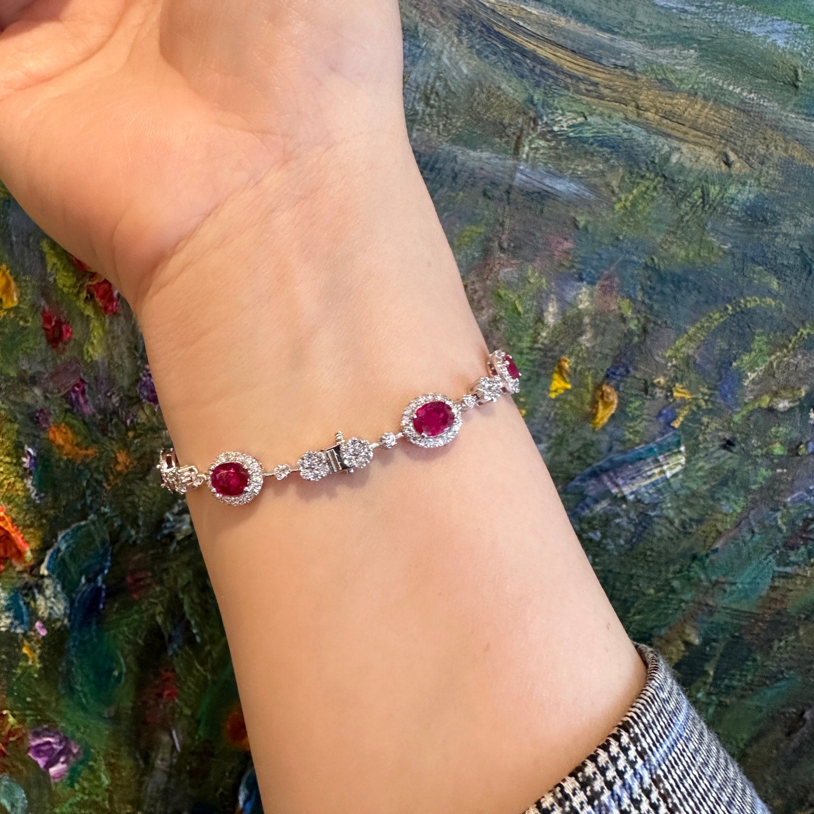 Ruby and Diamond Floret Link Bracelet in 18k White Gold