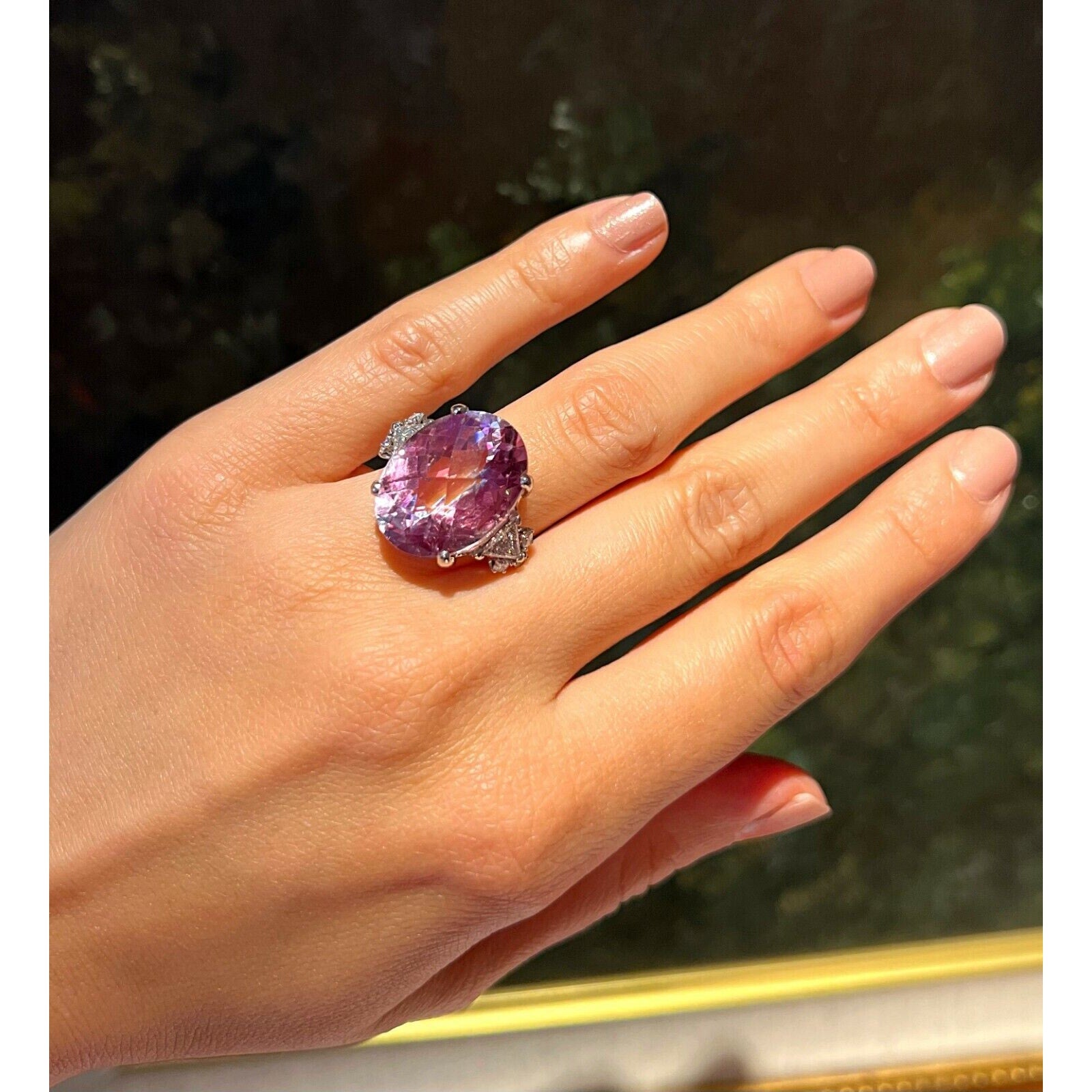 Large Oval Kunzite and Diamond Cocktail Ring in Platinum -- HM2294SE