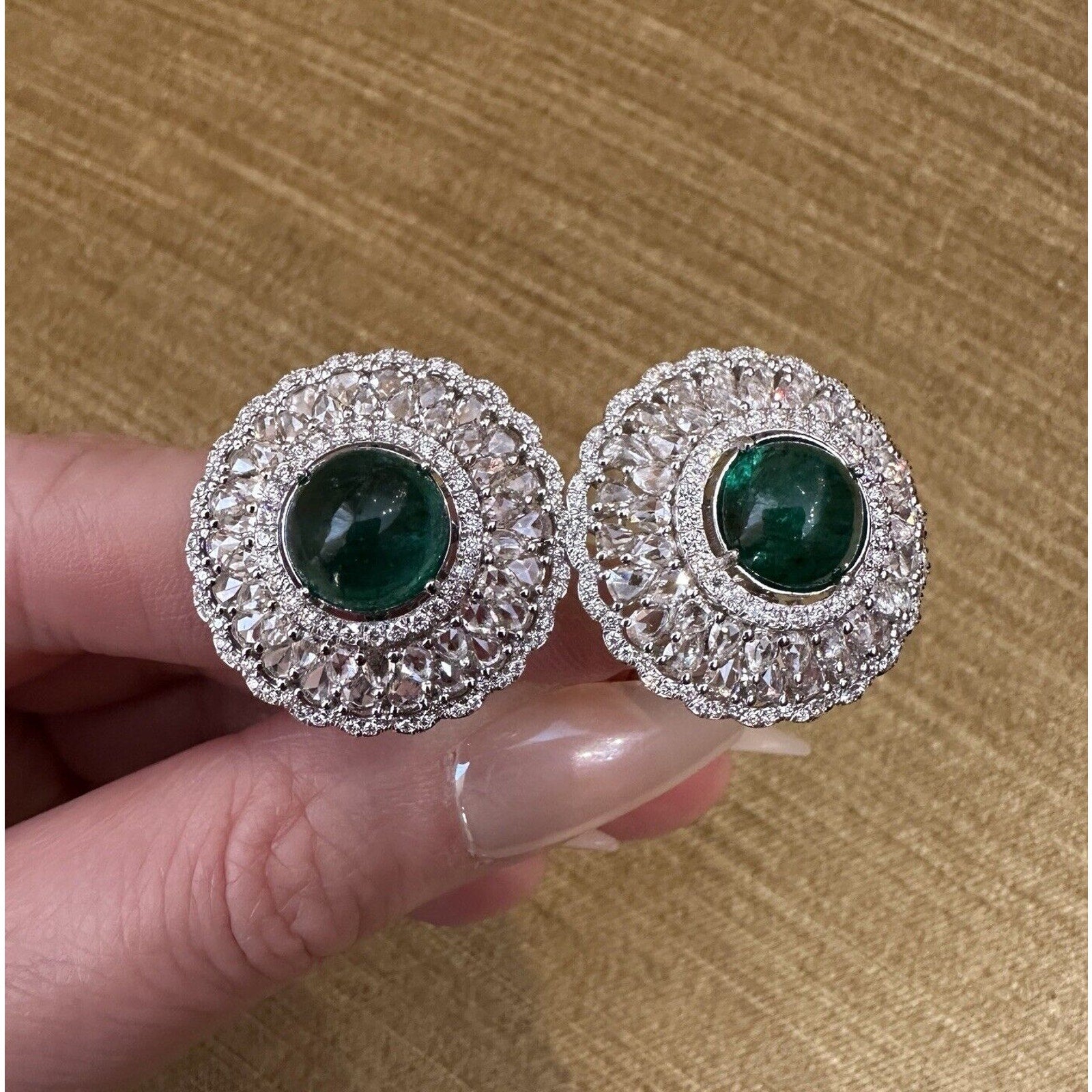 Emerald Cabochon and Rose cut Diamond Earrings in 18k White Gold - HM2569EI