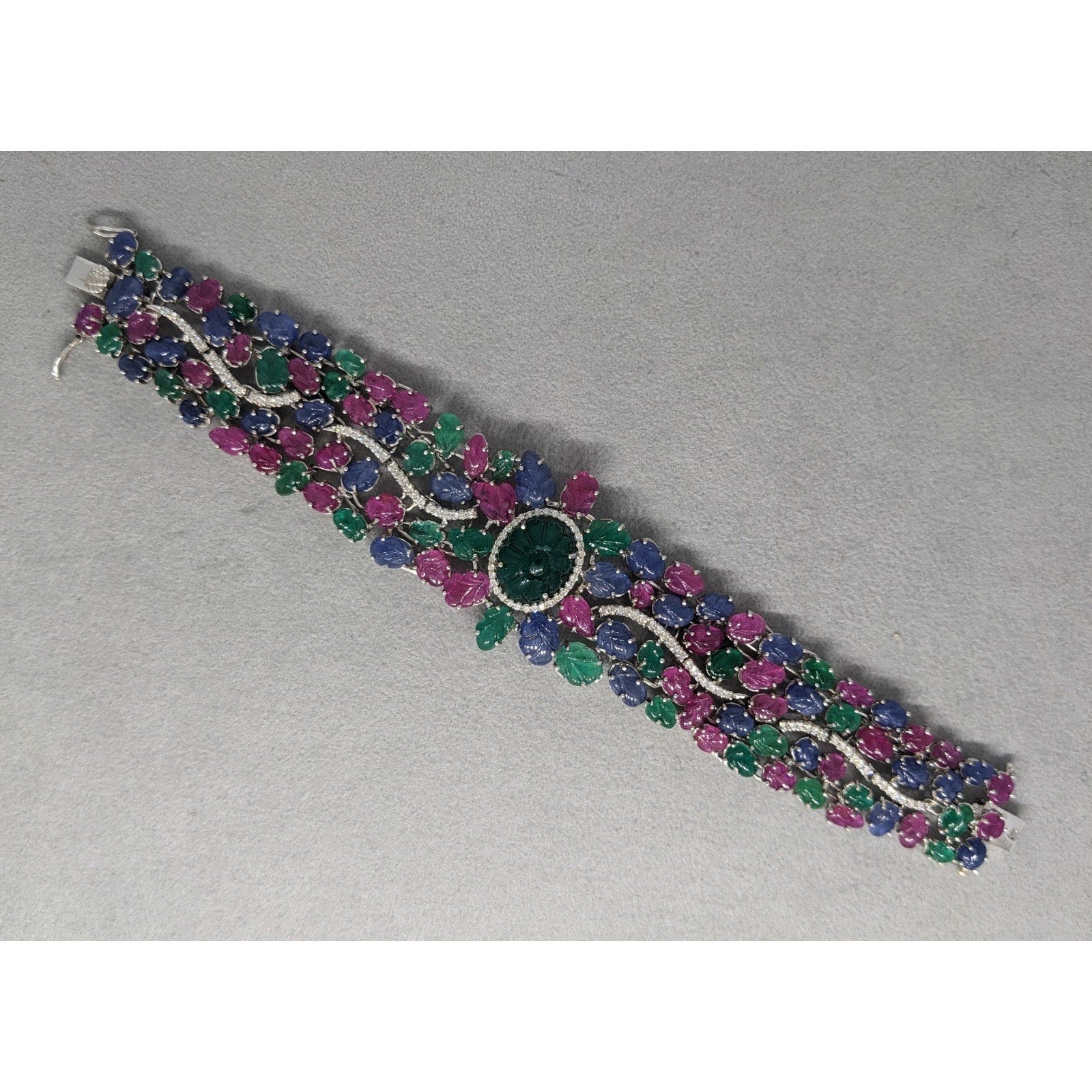 Carved Emerald, Ruby & Sapphire Bracelet with Diamonds in 18k White Gold