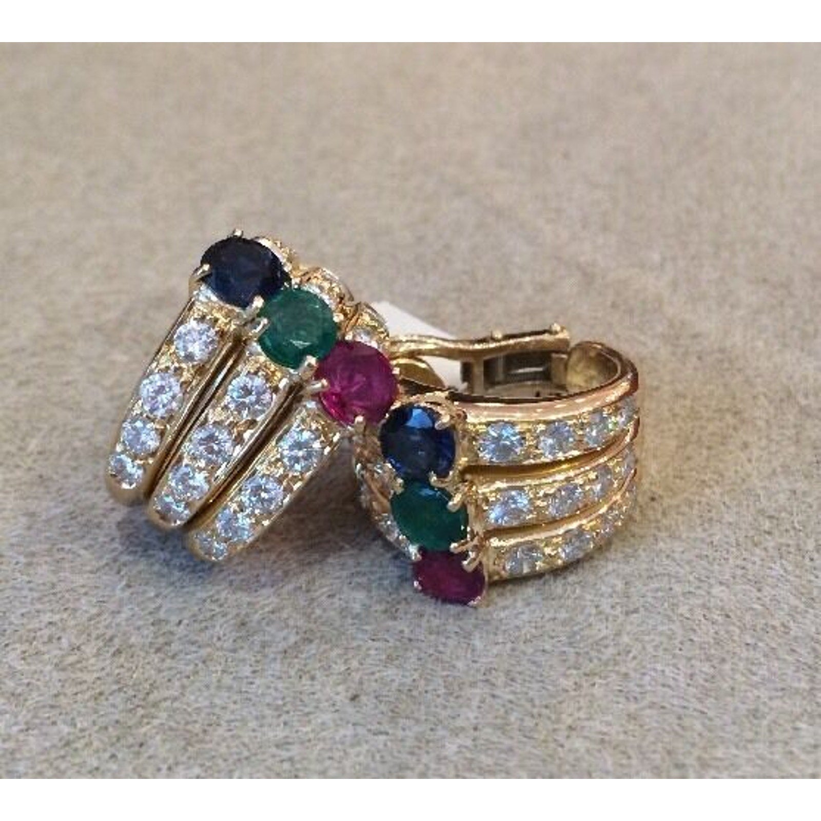 Diamond, Ruby, Emerald, Sapphire Half Hoop Earrings in 18k Yellow Gold