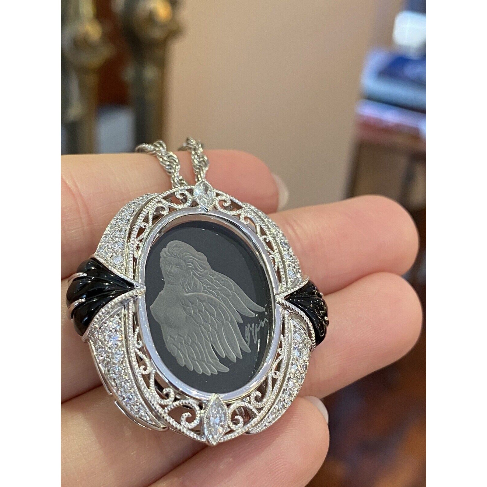 Carved Angel Pendant Brooch Necklace with Diamonds and in Platinum