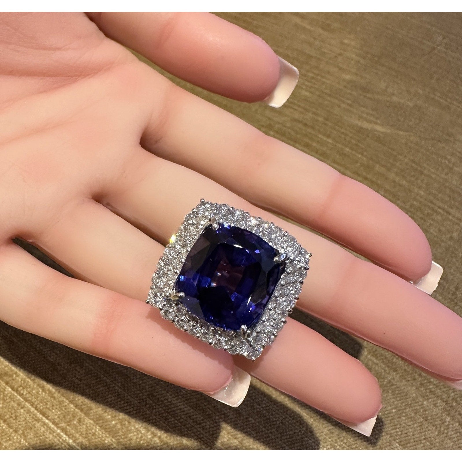 GIA 19.97 carat Cushion Tanzanite Ring with Diamond Halo in Platinum