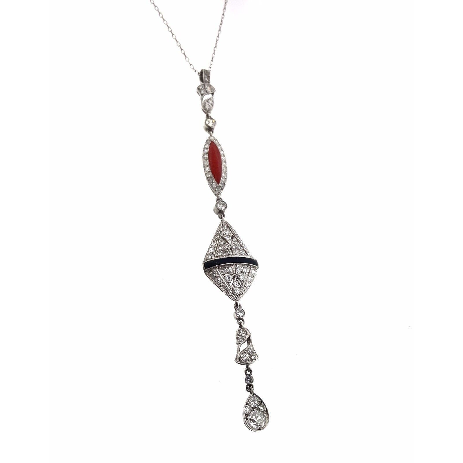 Vintage Diamond & Enamel Drop Necklace in 18k White Gold & Platinum