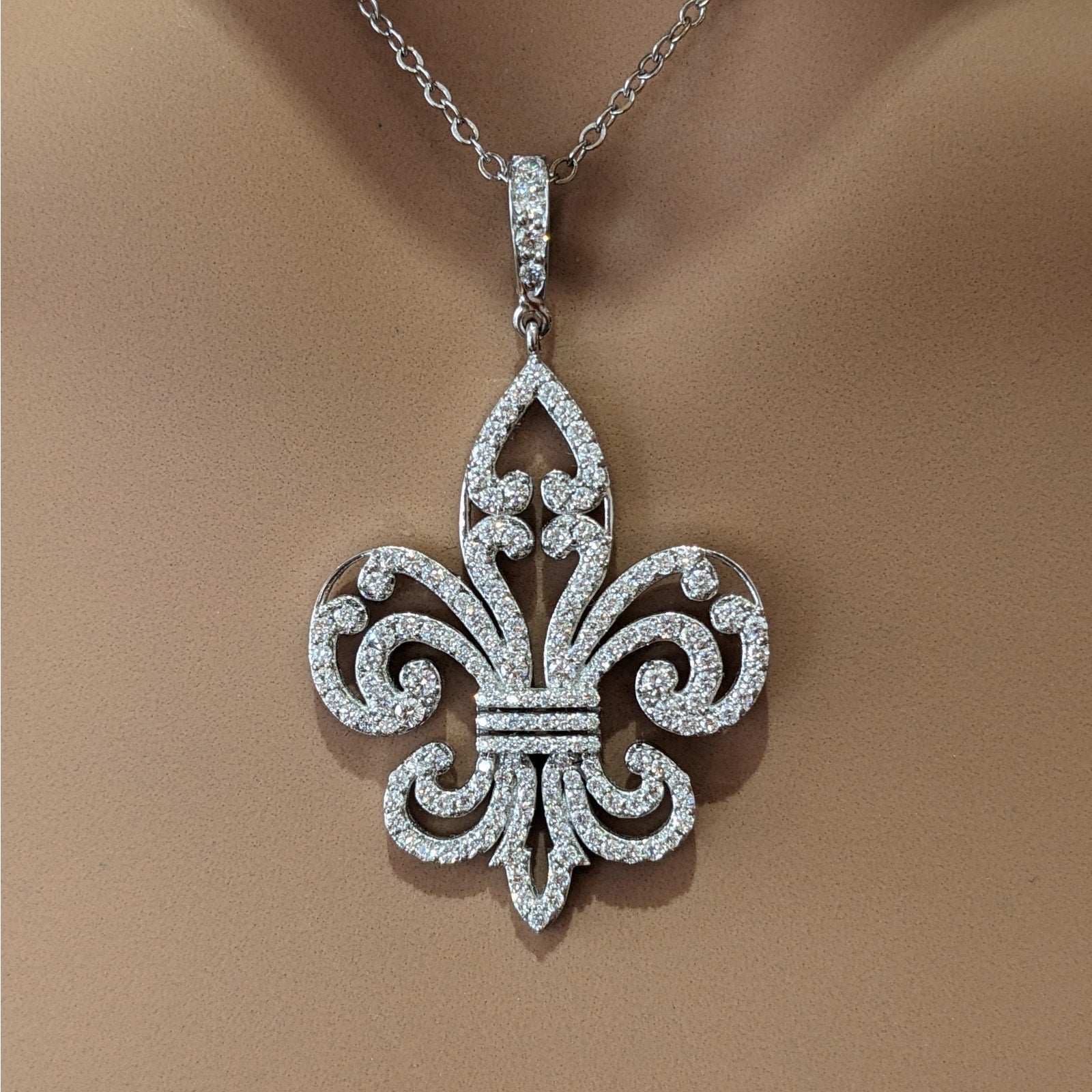 Diamond Fleur de Lis Pendant Necklace in 18k/14k White Gold