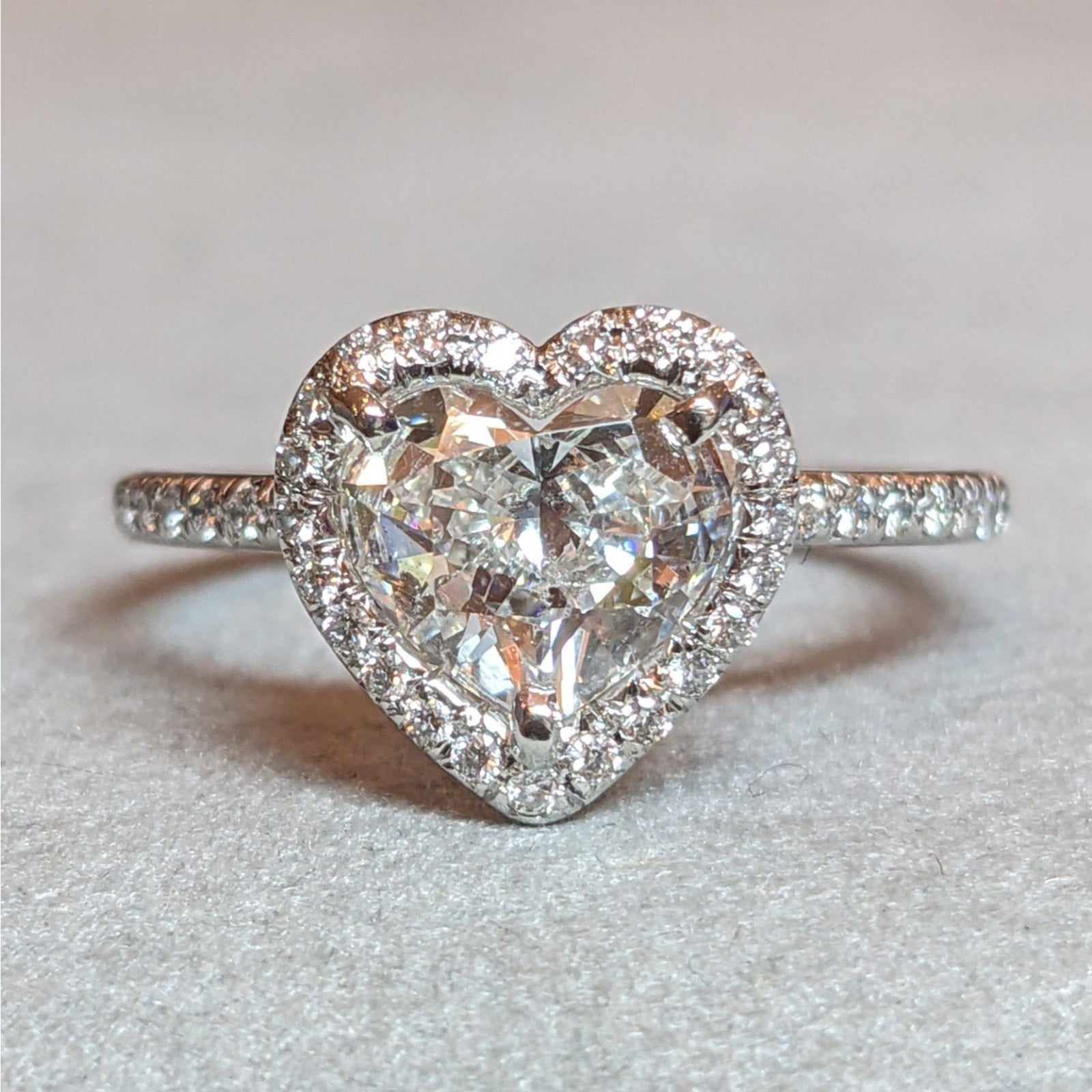 Heart Shaped Diamond Ring in 18k White Gold Halo Setting