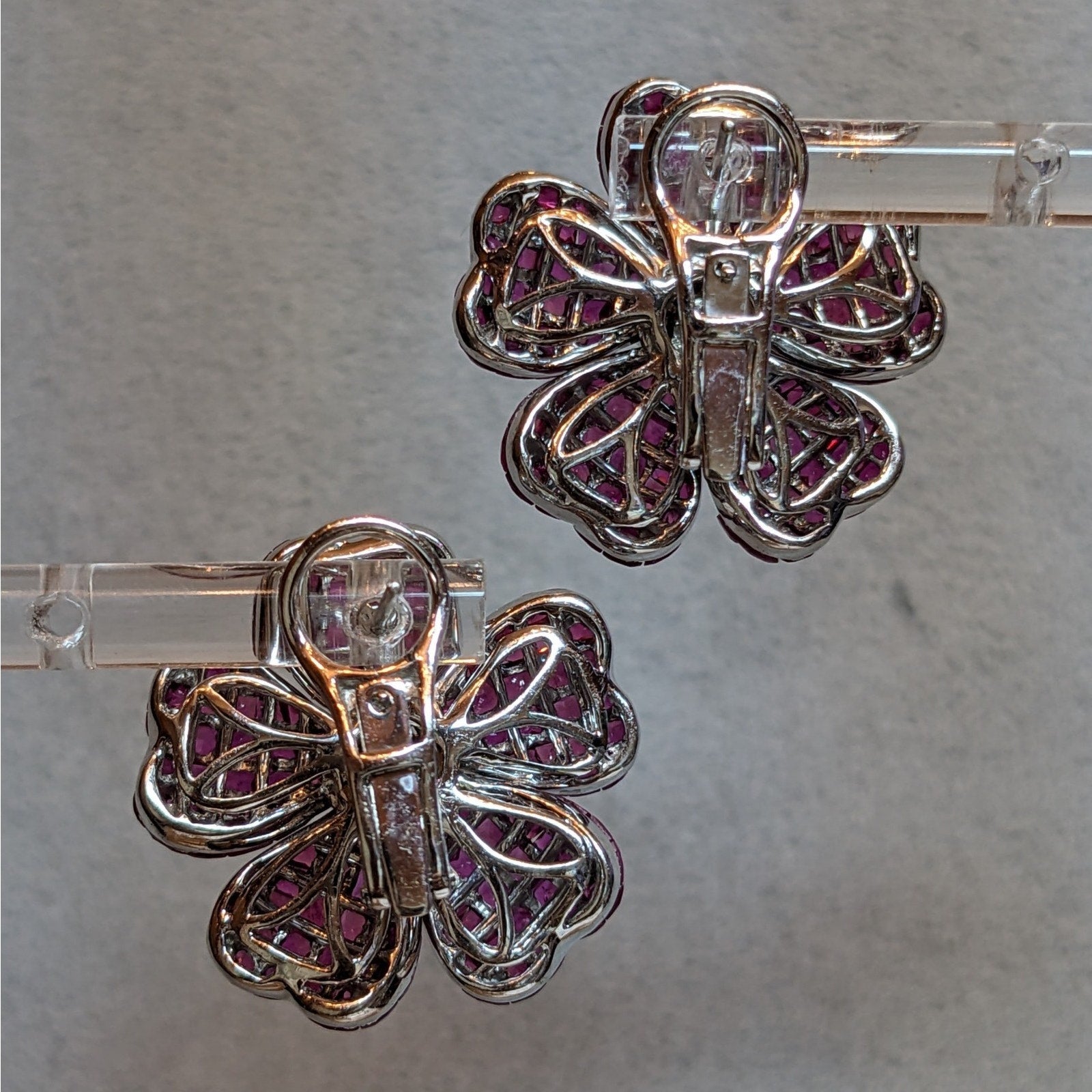 Natural Ruby Mystery Set Flower Earrings with Diamonds in 18k White Gold