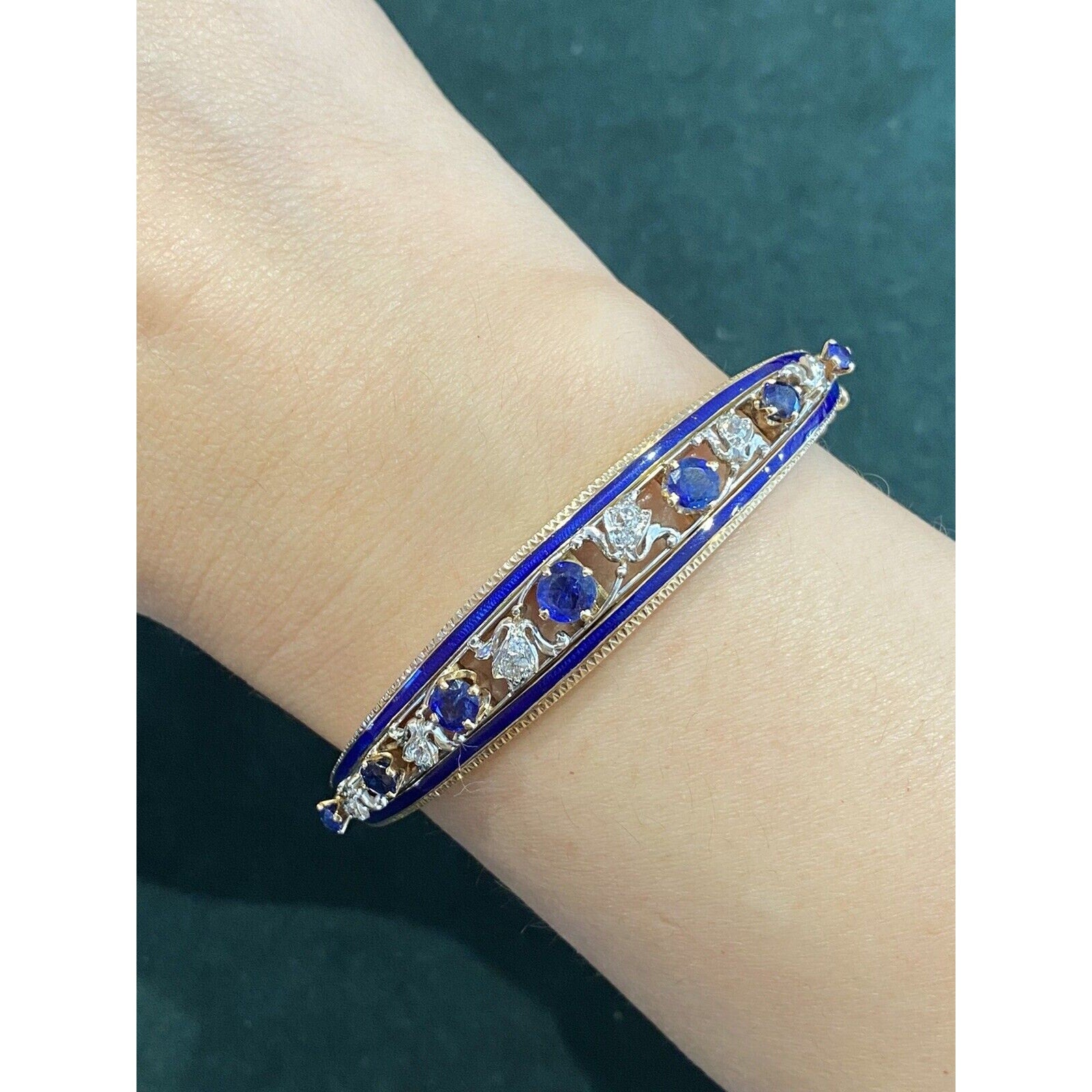 Vintage Diamond, Sapphire and Enamel Bangle Bracelet in 14k Gold