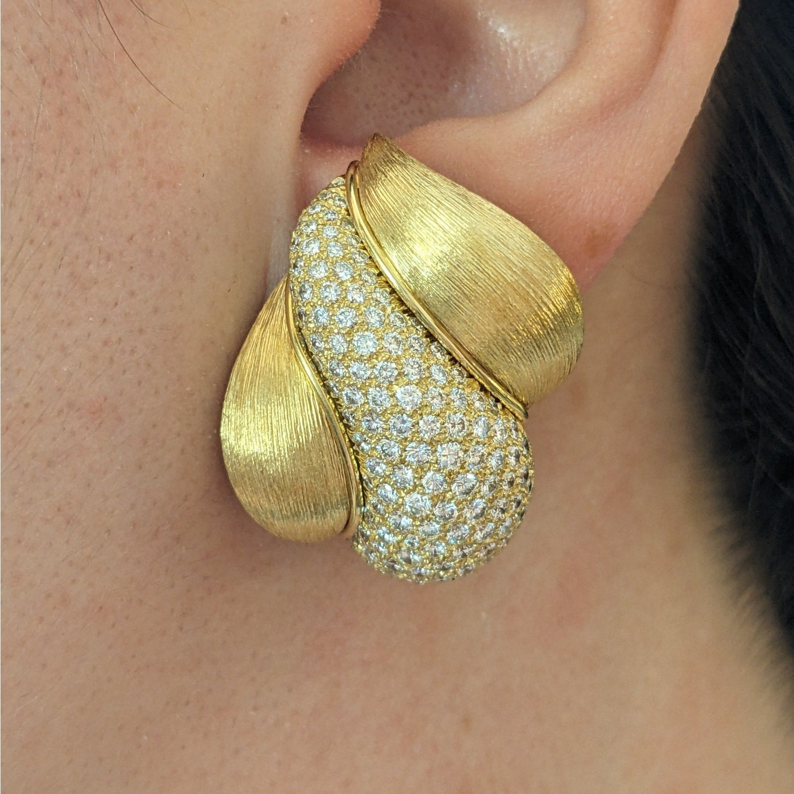Henry Dunay Diamond Pave Earrings in Textured 18k Yellow Gold
