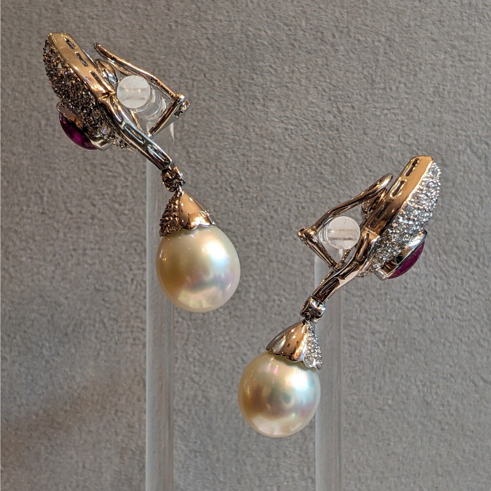 Natural Ruby, Diamond and Pearl Drop Earrings in Platinum