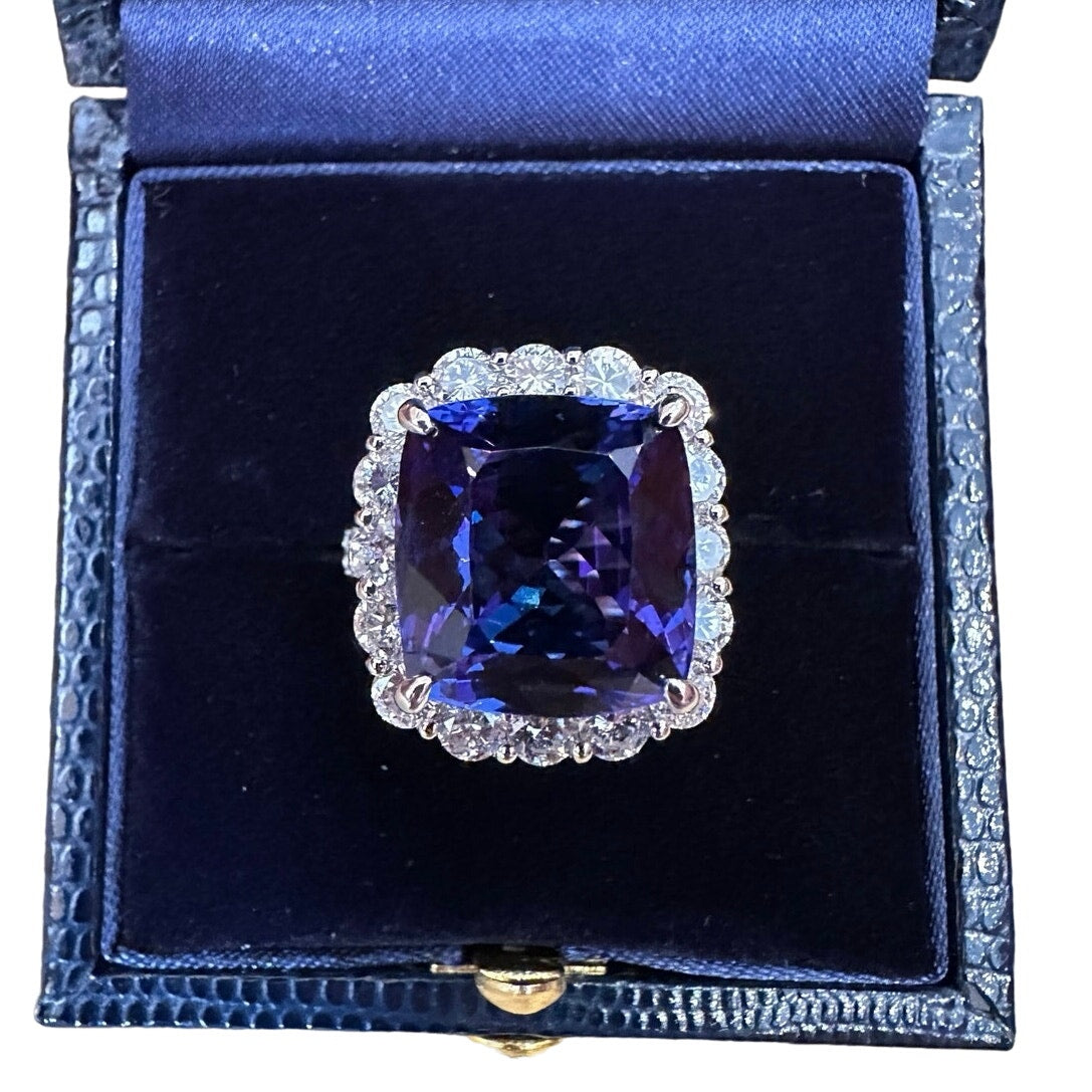 GIA 13.07cts Tanzanite in Diamond Halo Platinum Ring (HM2575ZB)
