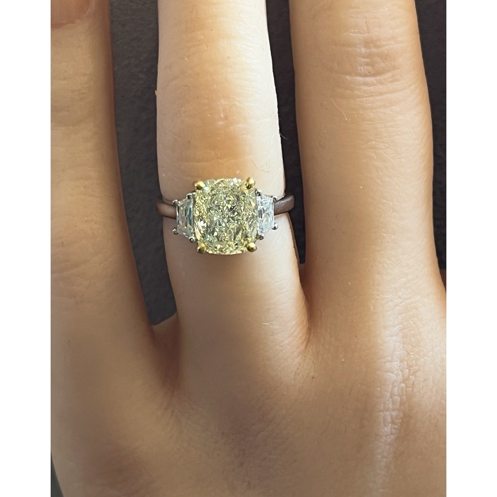 GIA 3.01 ct Fancy Light Yellow Cushion Diamond Ring in Platinum & 18k Yellow Gold