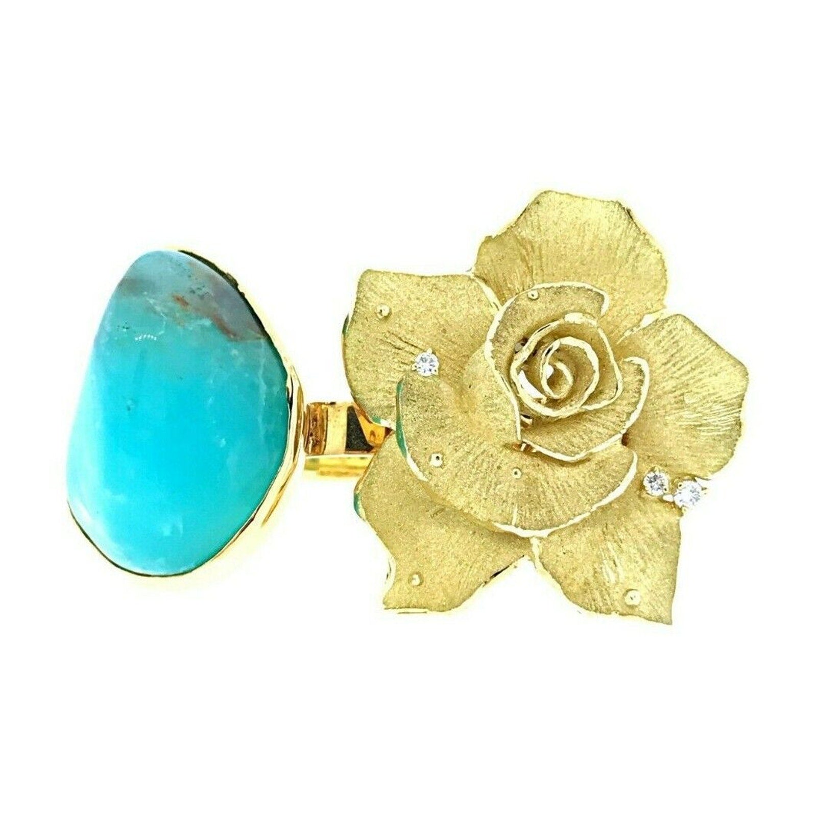Double Ring with Diamonds, Chrysoprase and Flower in 18k Yellow Gold