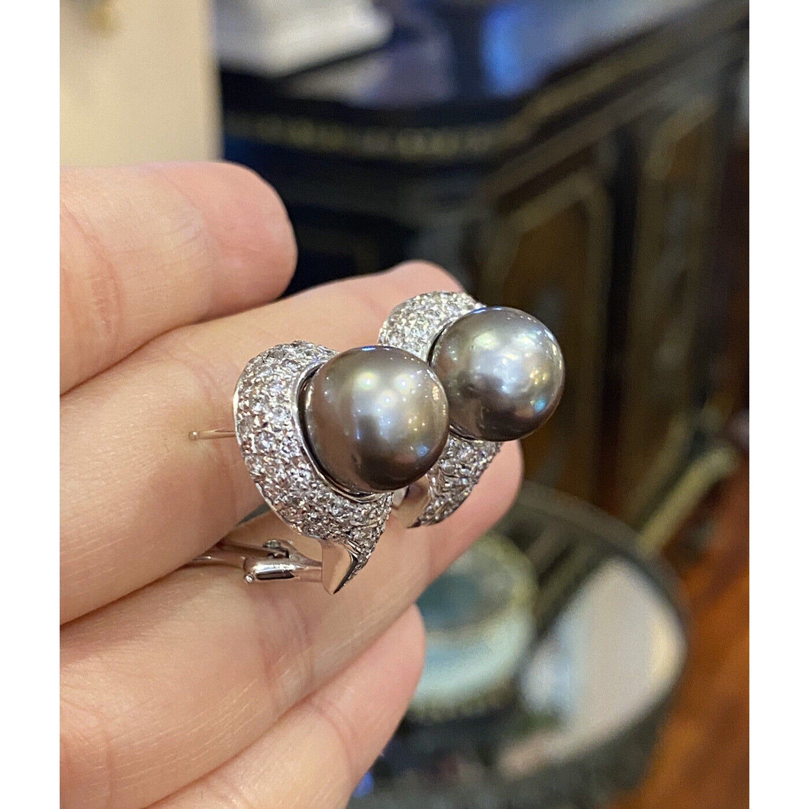 Pave Diamond and Black South Sea Pearl Earrings in 14k White Gold