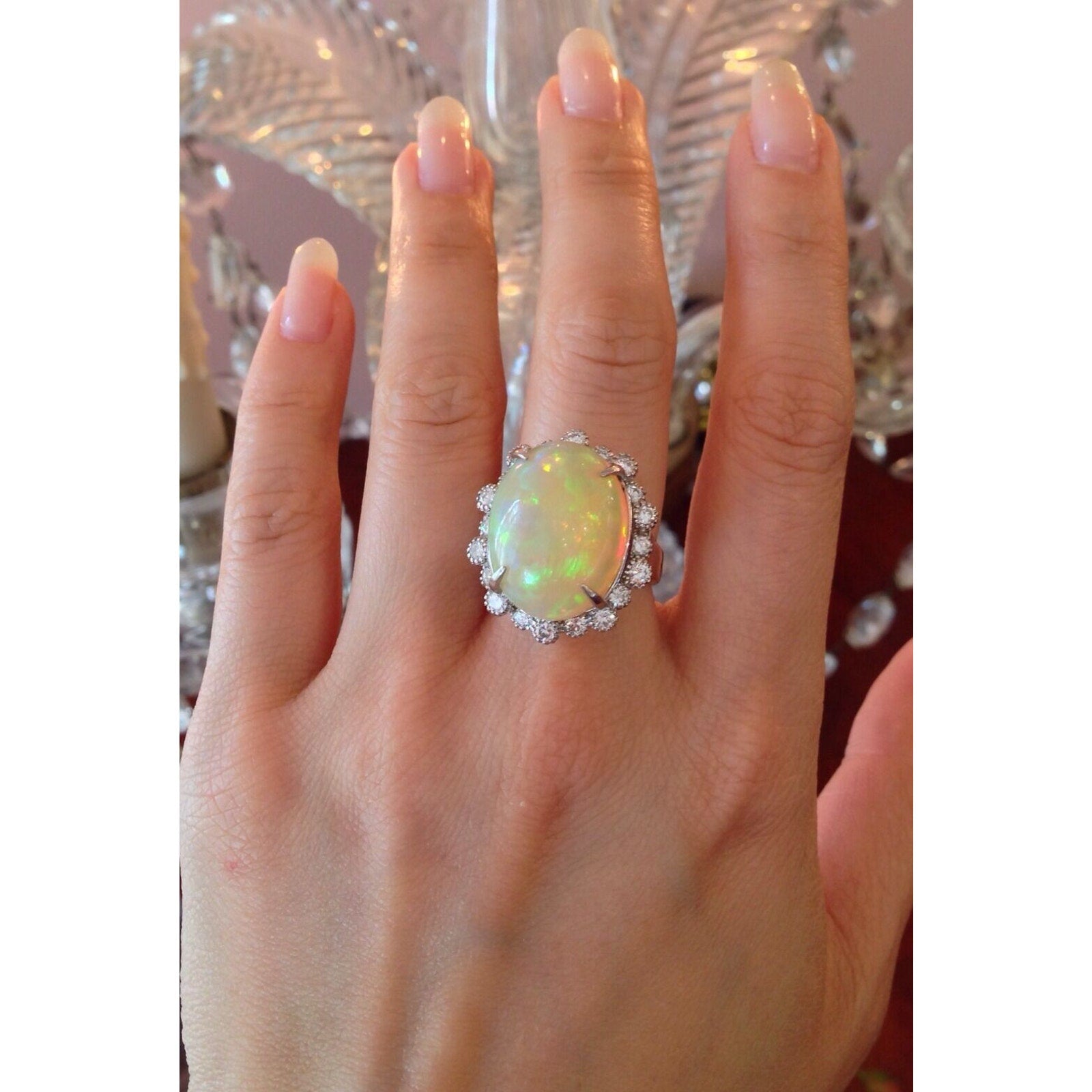 Estate 13.33 carat Natural Opal and Diamond Ring in Platinum