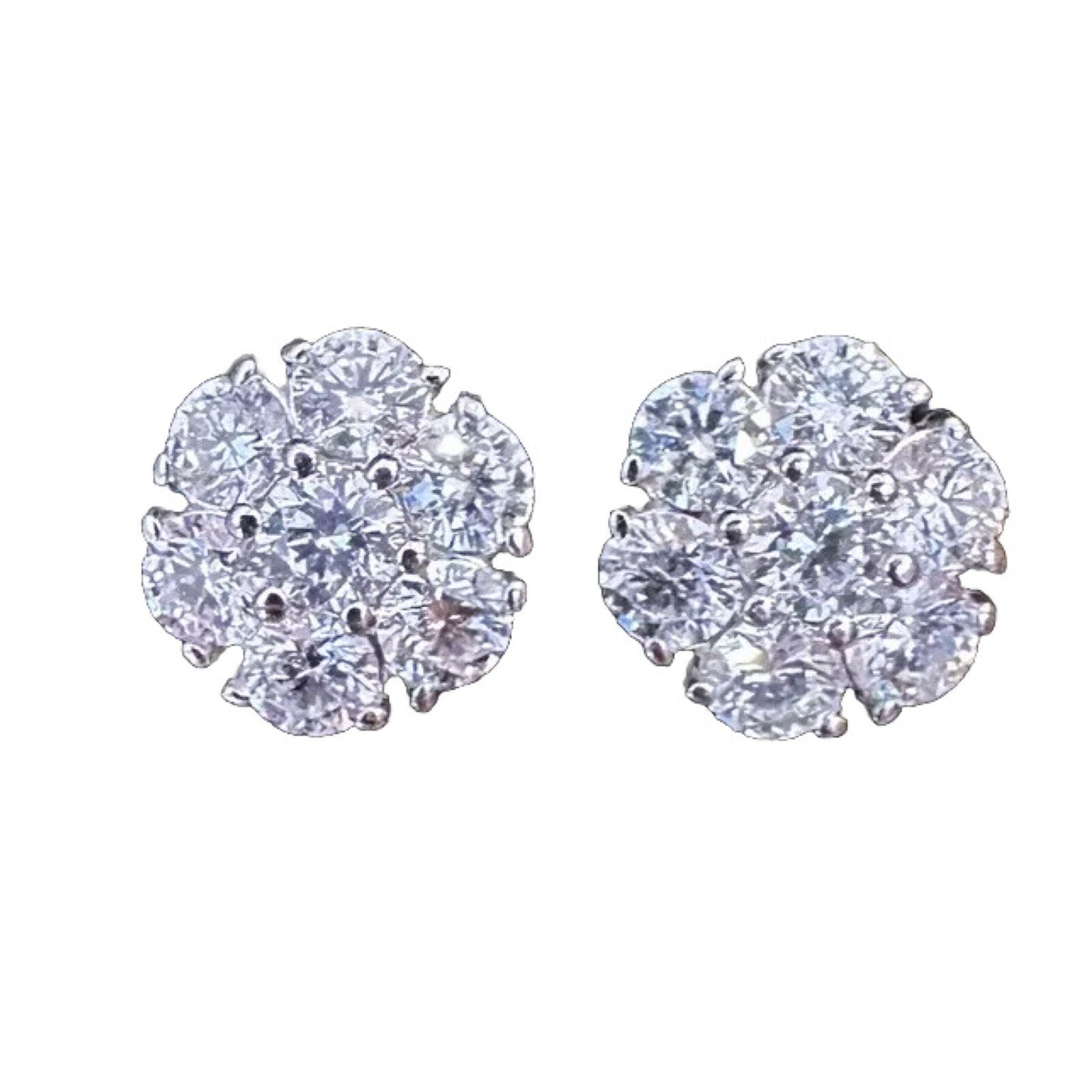 Diamond Floret Cluster Stud Earrings 3.10 cttw in 14k White Gold