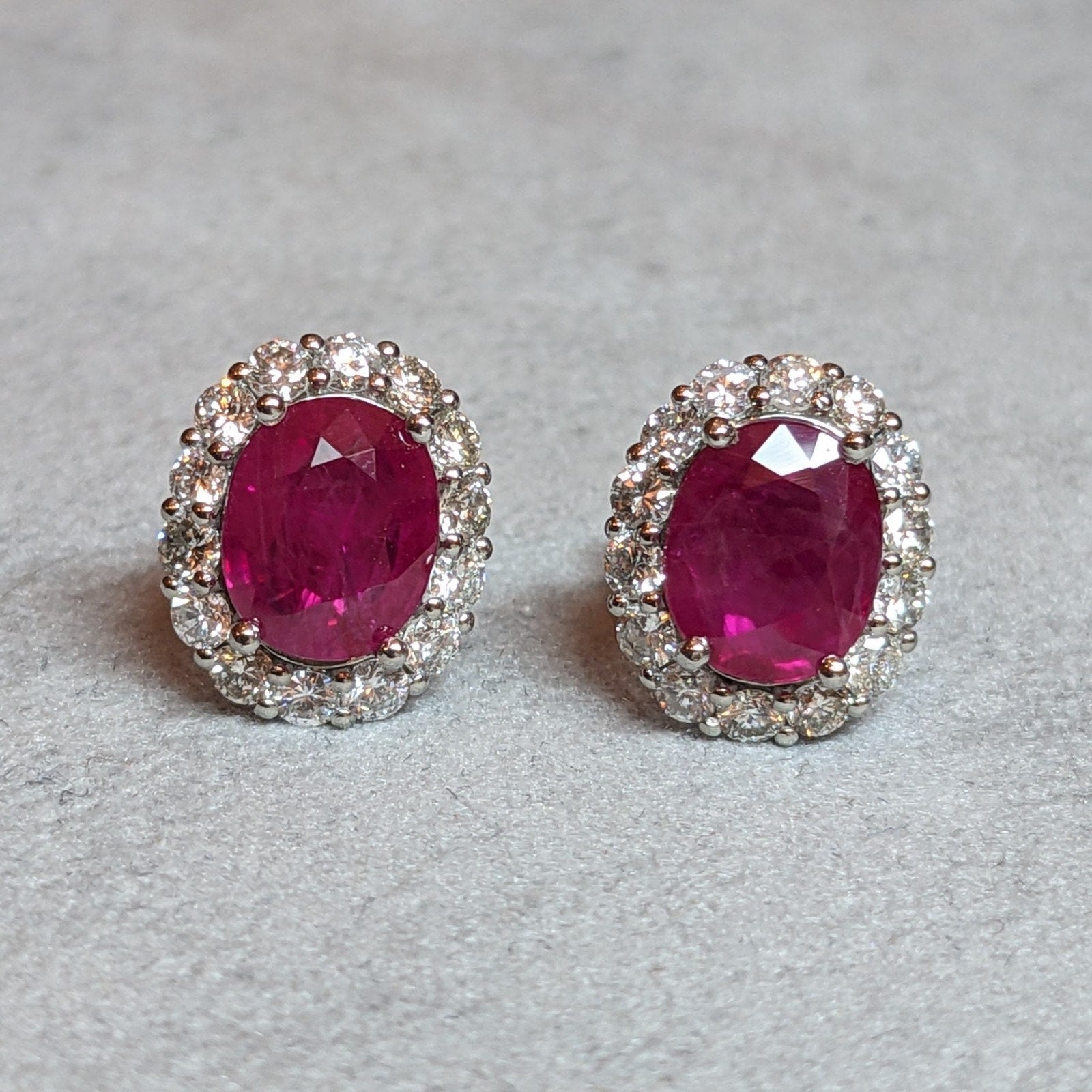 GIA Natural Burma Ruby Oval Stud Earrings with Diamonds in Platinum & 14k White Gold
