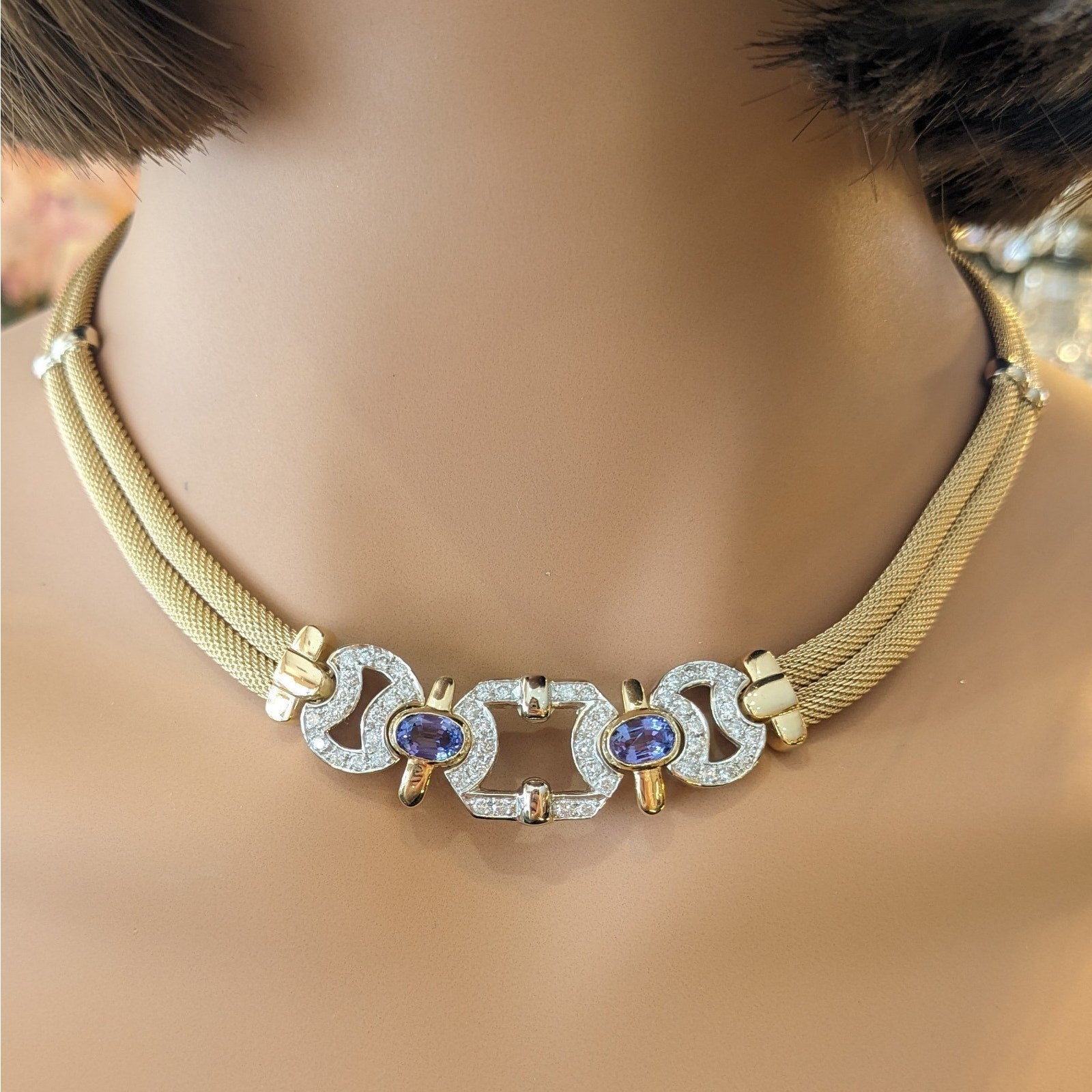 Tanzanite & Diamond Mesh Necklace in 14k Yellow and White Gold Italian