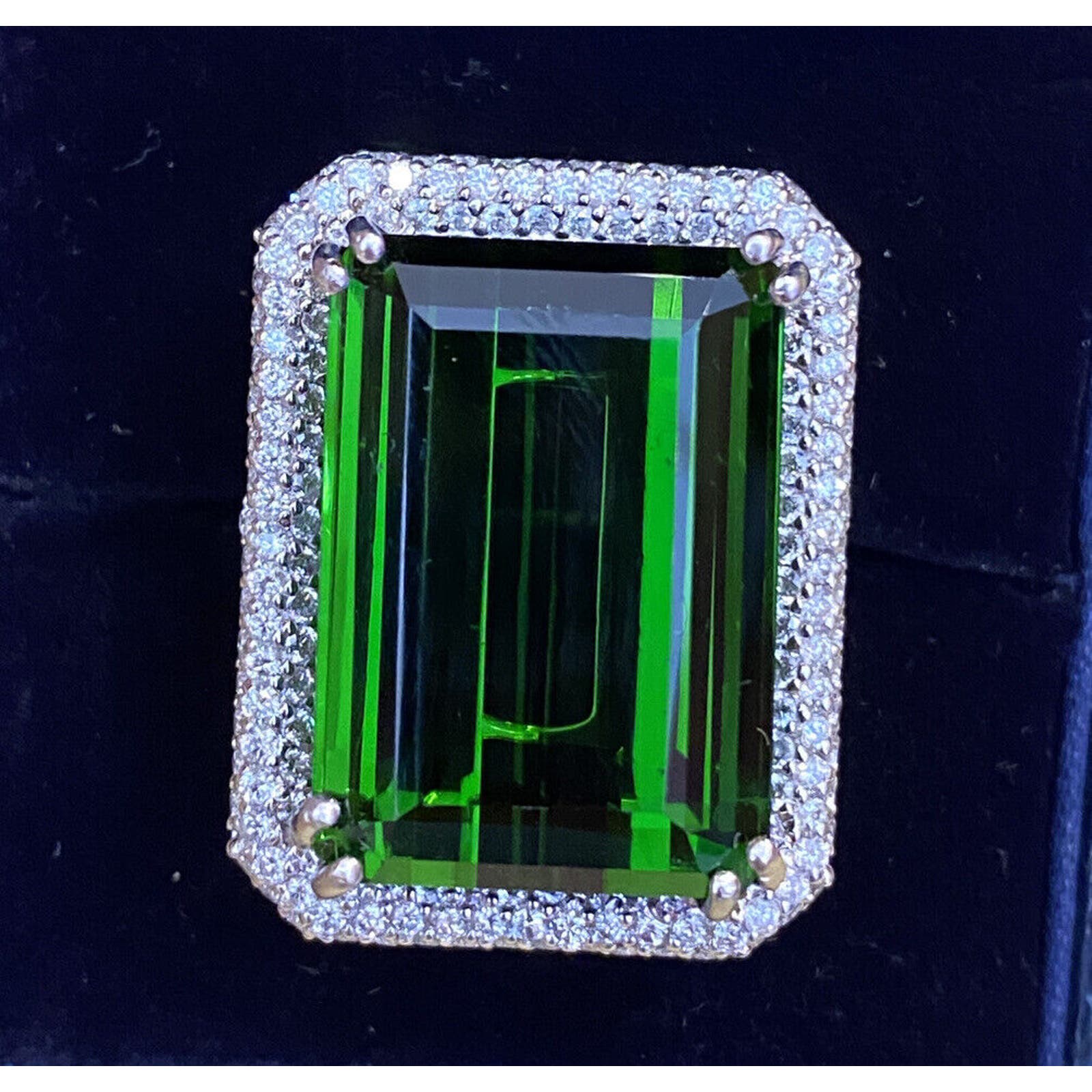 GIA 40.87 ct Green Tourmaline in Pave Diamond Ring 18k White Gold- HM2363VE