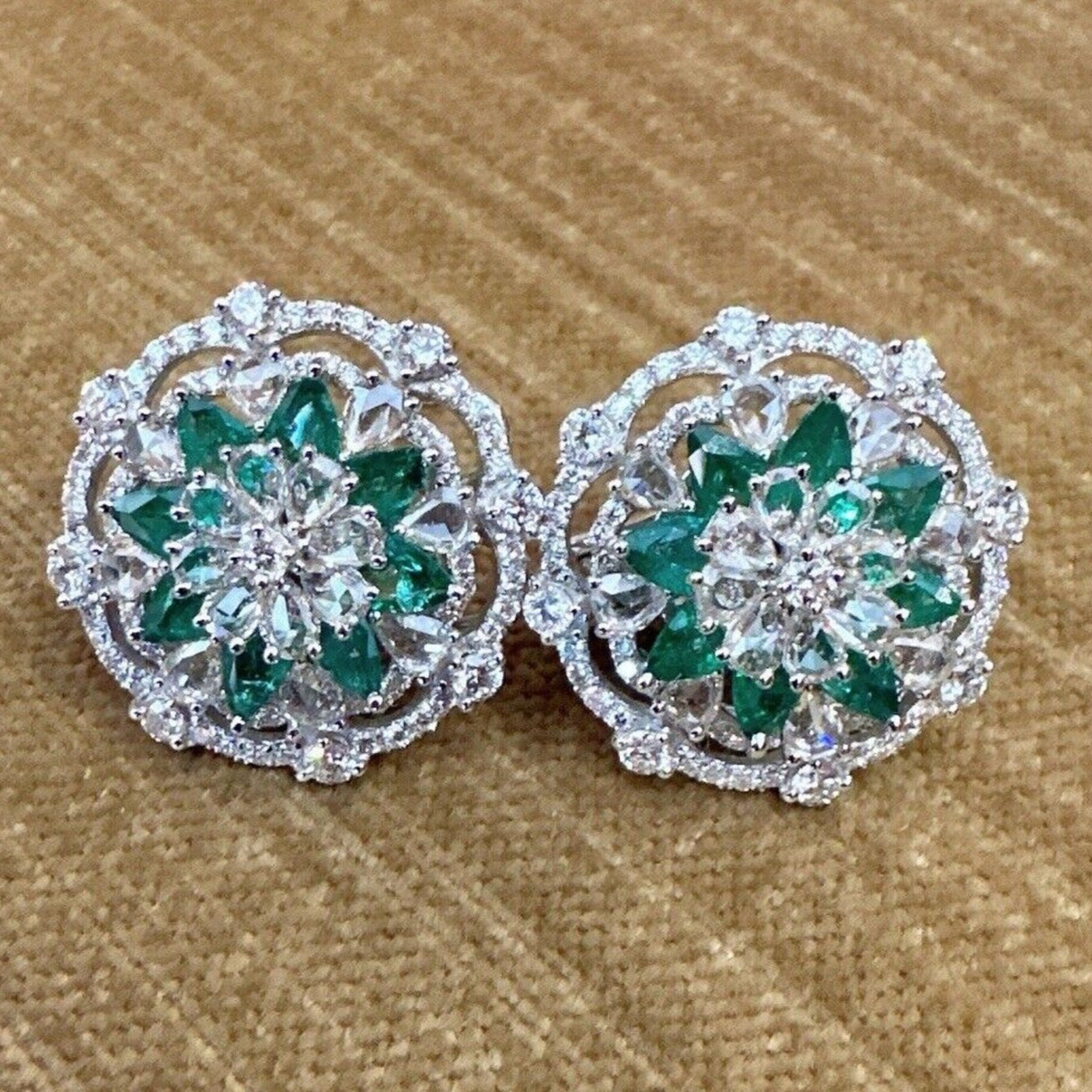Emerald and Diamond Cluster Flower Button Earrings in 18k White Gold