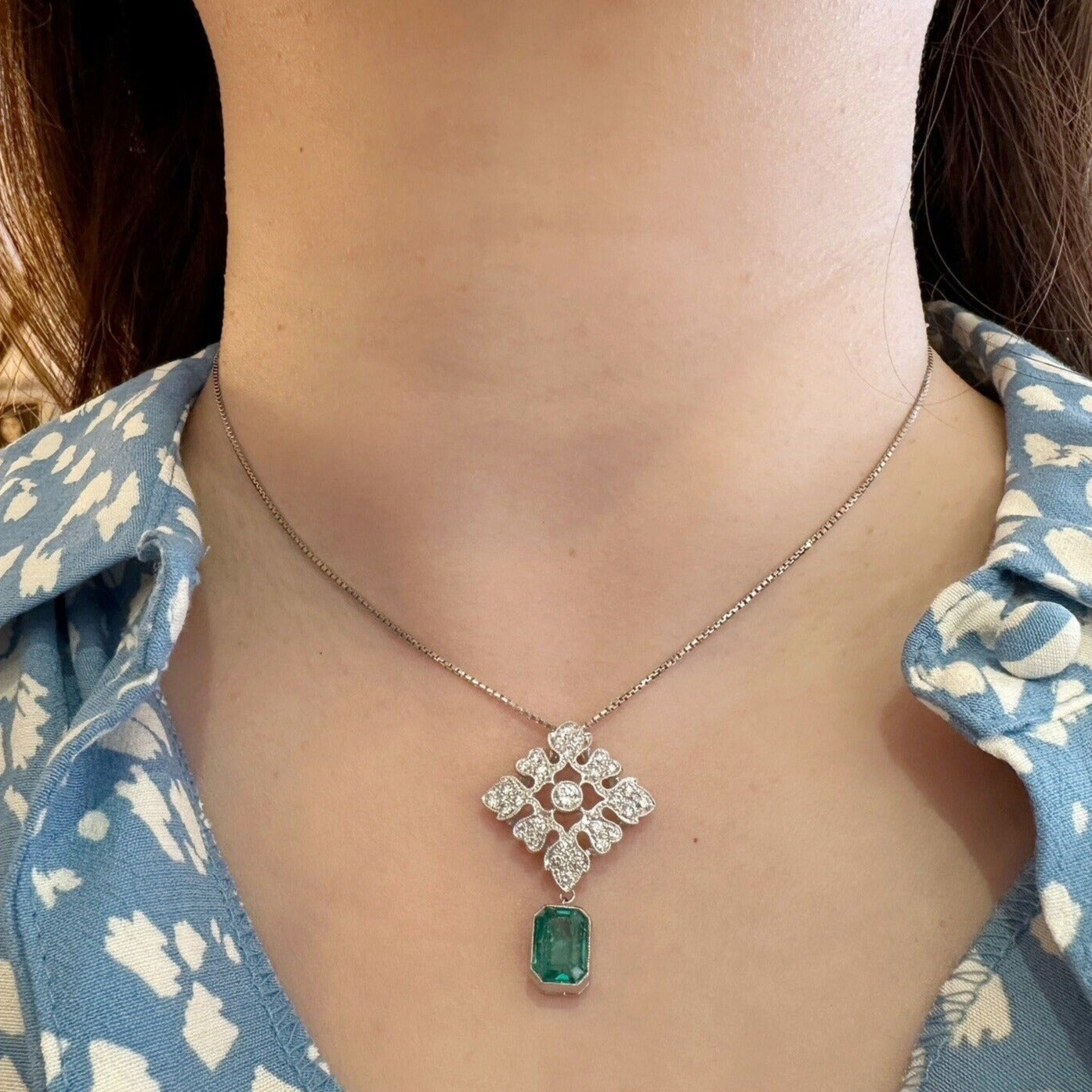 Emerald Drop and Diamond Pendant Necklace in Platinum - HM2496AI