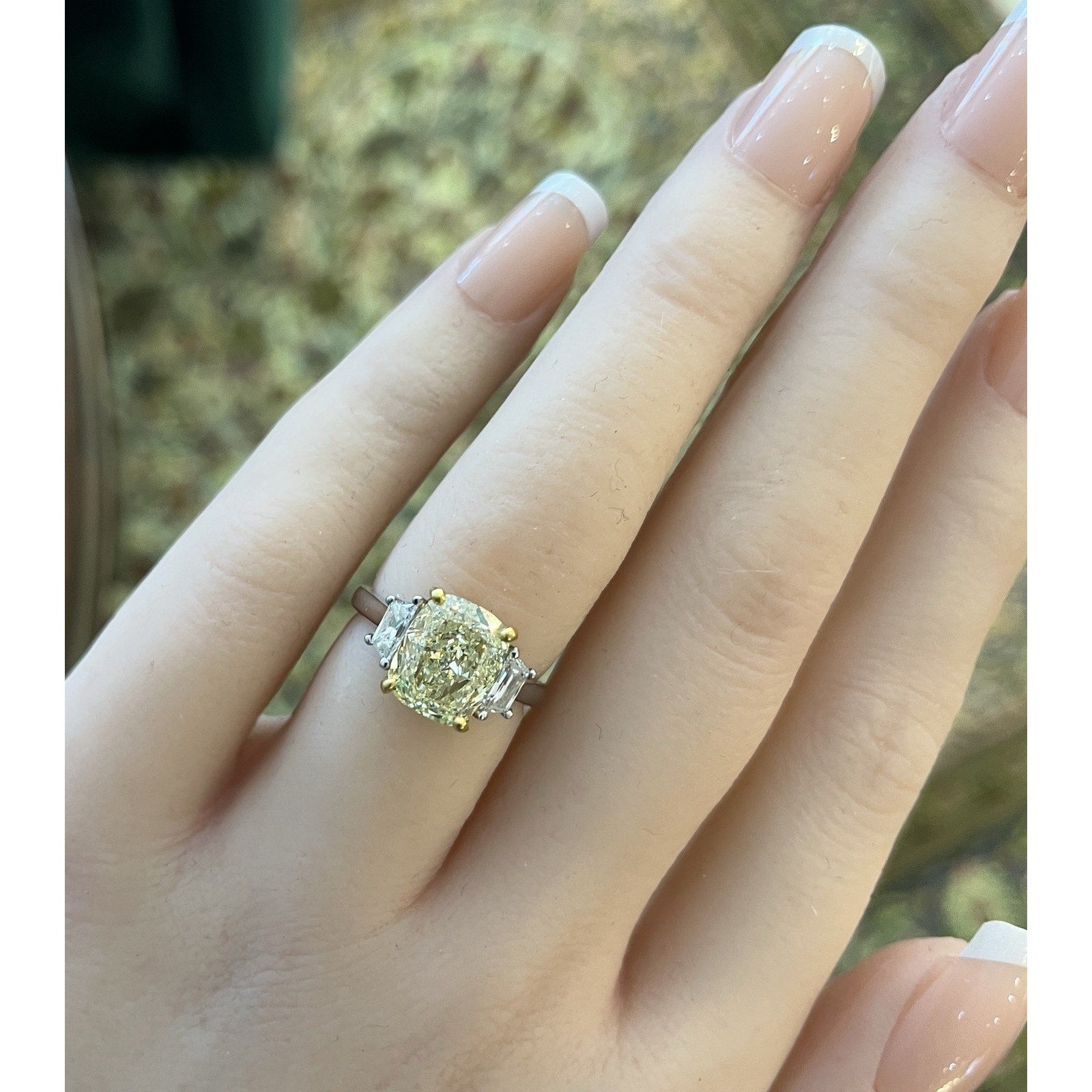 GIA 3.01 ct Fancy Light Yellow Cushion Diamond Ring in Platinum & 18k Yellow Gold