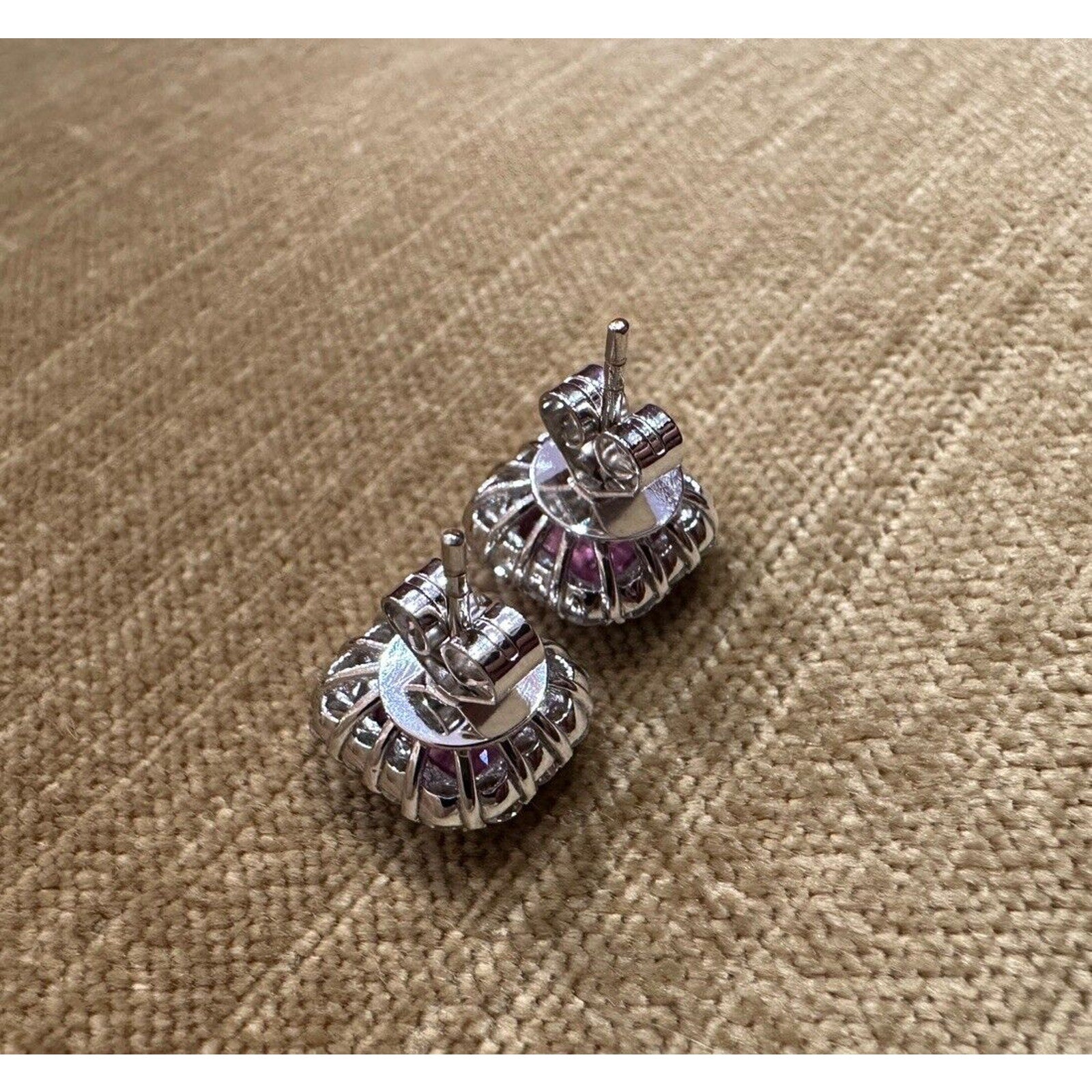 Pink Sapphire and Diamond Halo Earrings in 18k White Gold