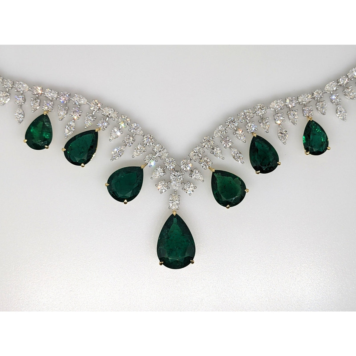AGL Emerald & Diamond Fringe Bib Statement Necklace in 18k White Gold