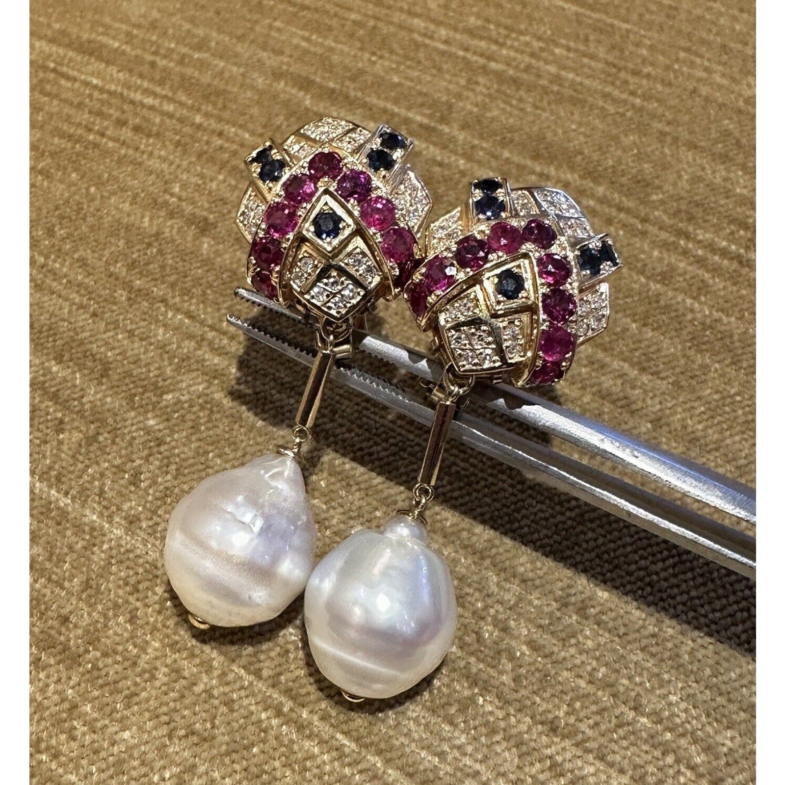 Ruby, Sapphire, Diamond & Pearl Drop Earrings in 18k Yellow Gold