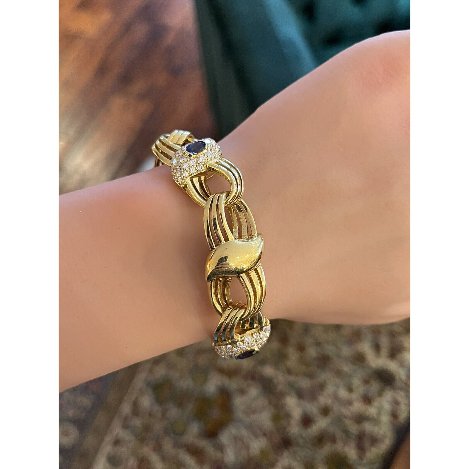 Wide Natural Sapphire and Diamond Link Bracelet in 18k Yellow Gold