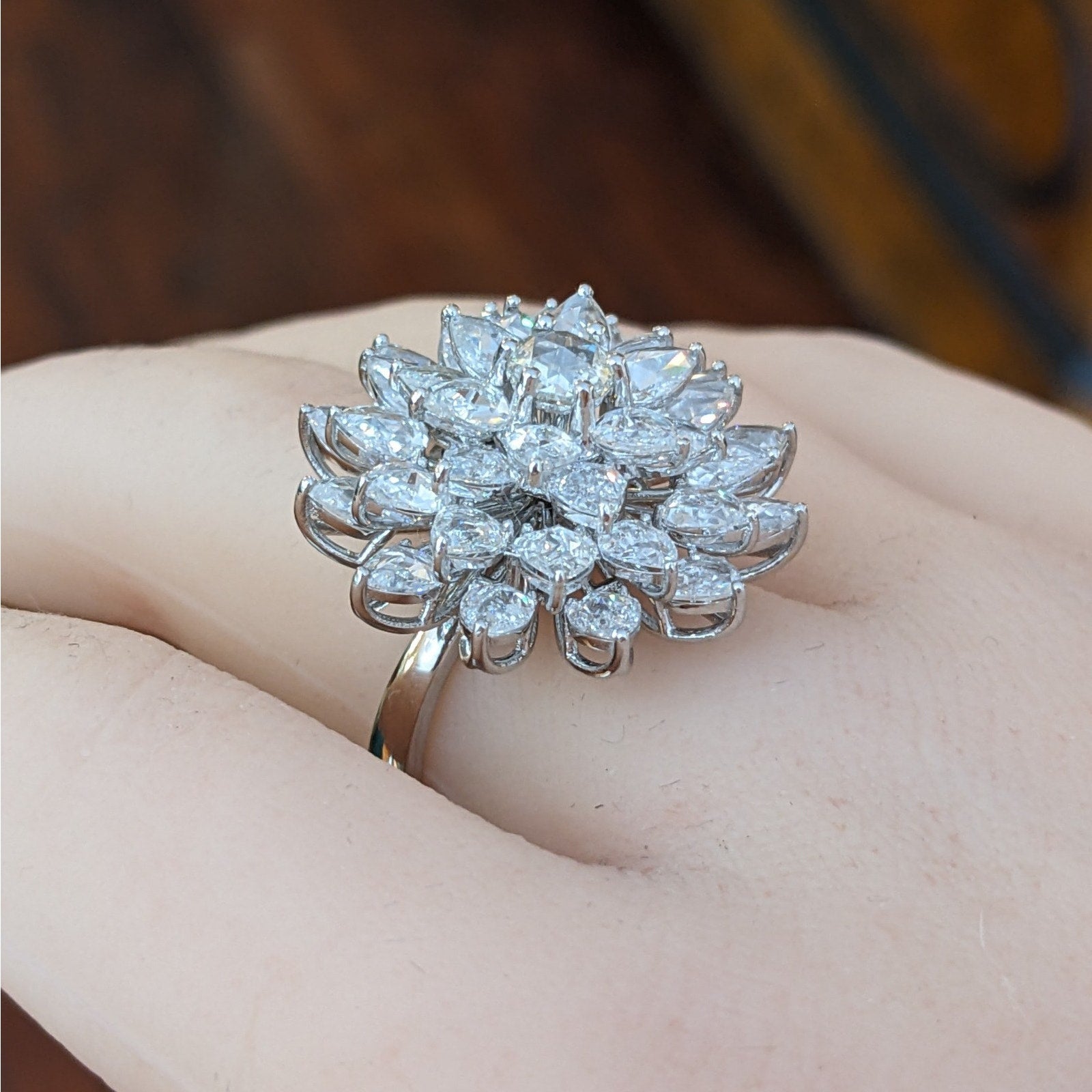 Natural Diamond Flower Cluster Flower Cocktail Ring in 18k White Gold