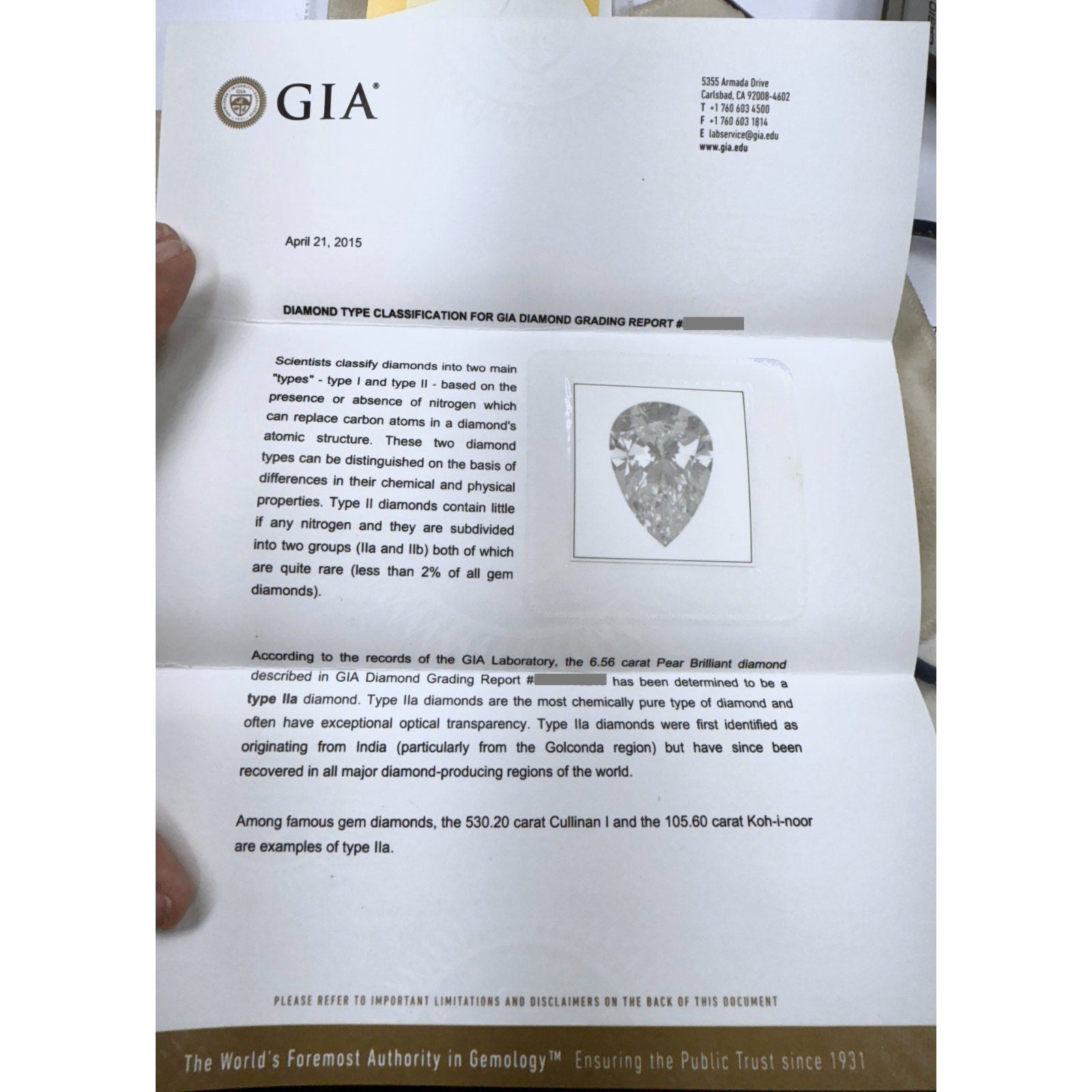 GIA 6.56 carat Pear Type2A Golconda Natural Loose Diamond -C200B
