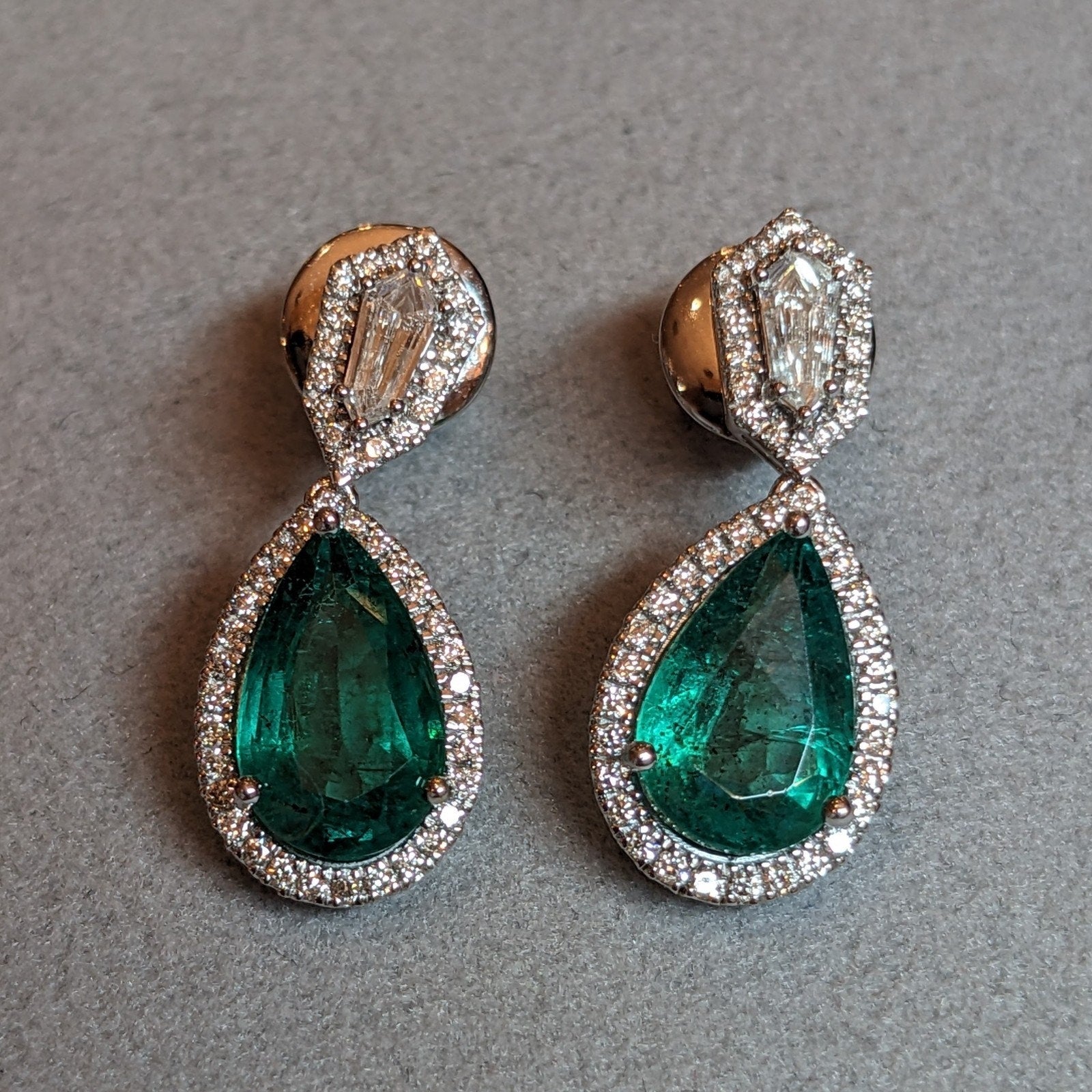 Pear Emerald and Diamond Drop Earrings in 18k White Gold