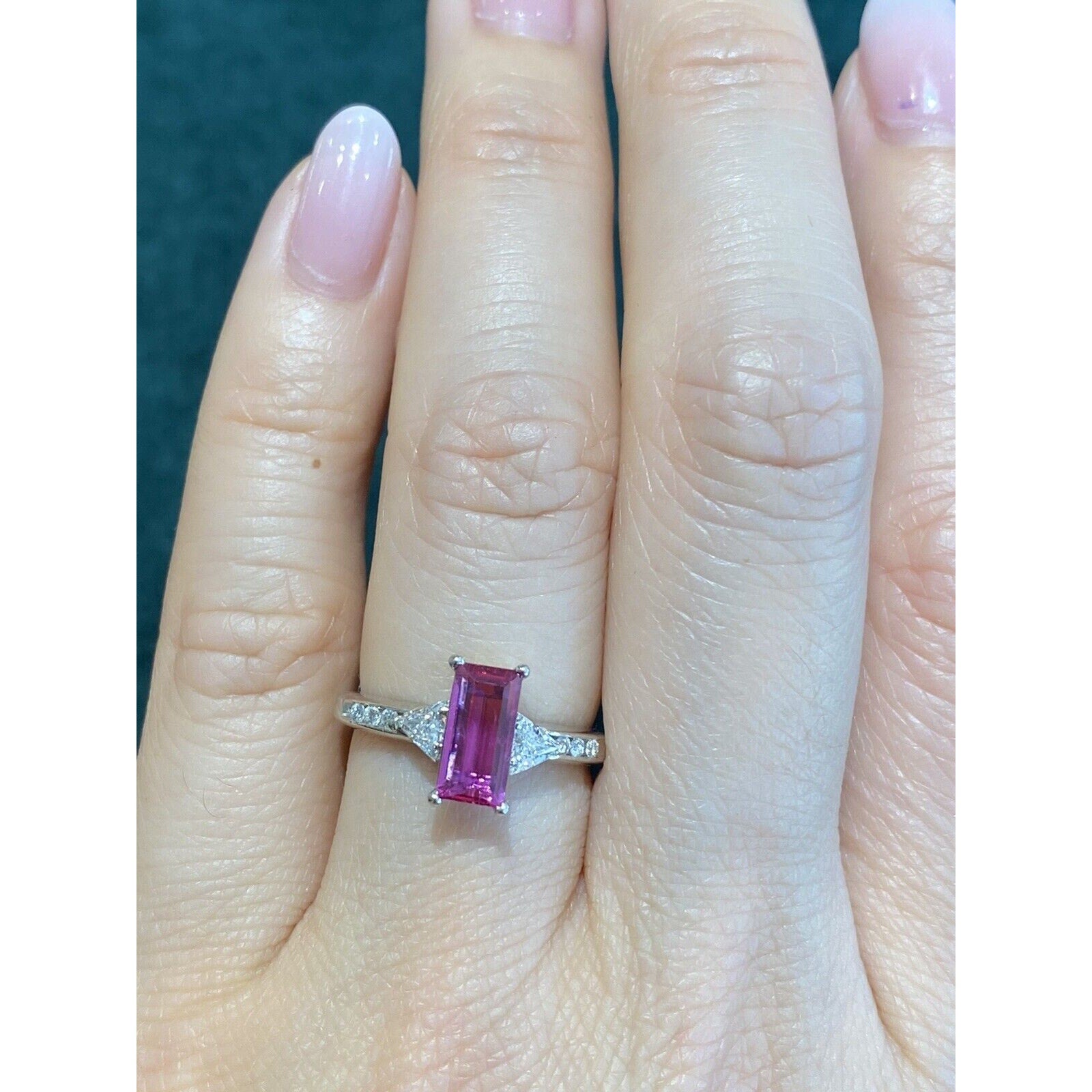 Rectangular Pink Tourmaline and Trillion Diamond Ring in Platinum