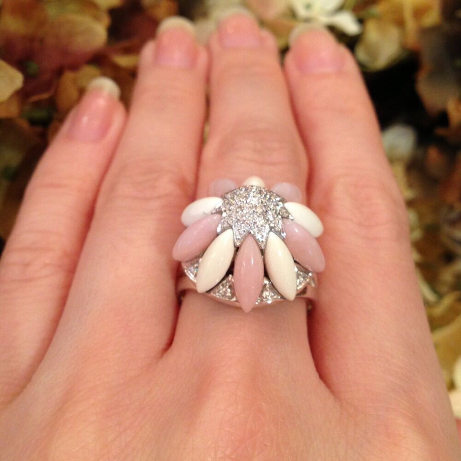 Flower Pave Diamond, Rose Quartz & Enamel Ring 18K White Gold