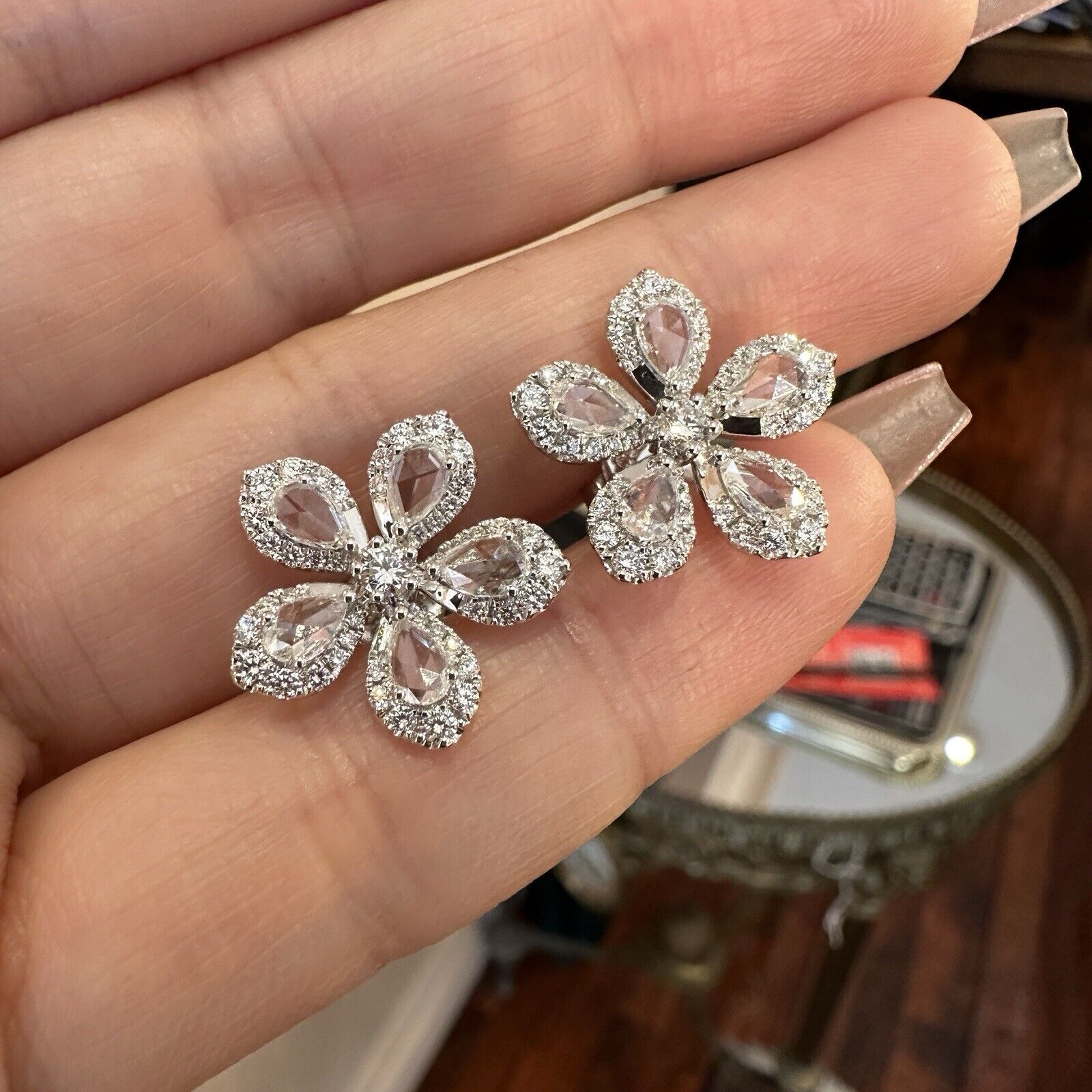 Diamond Flower Earrings with Rose Cuts 2.10 cttw in 18k White Gold