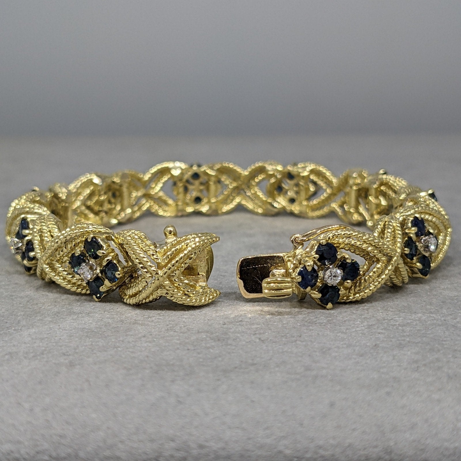 La Triomphe Sapphire and Diamond "X" Bracelet in 18k Yellow Gold