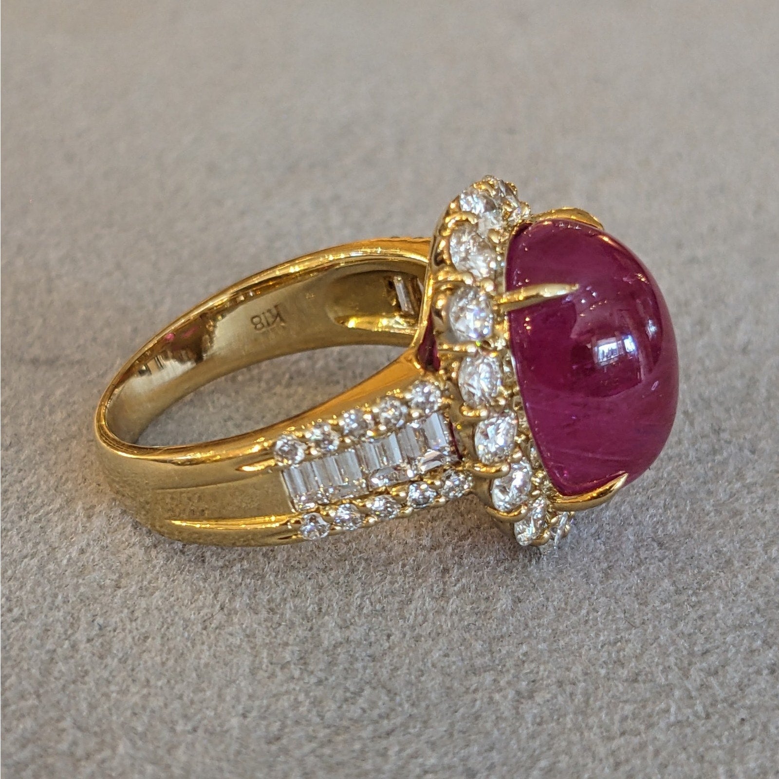 GIA Burma Cabochon Ruby 13.60 ct and Diamond Ring in 18k Yellow Gold